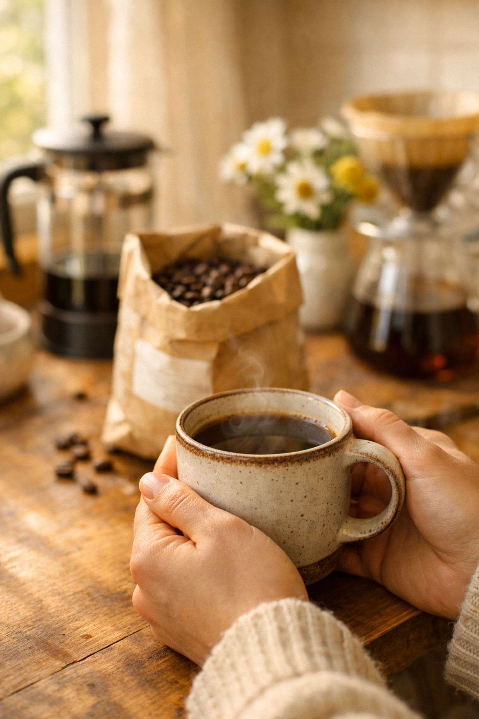 Hands holding coffee mug with single-origin coffee beans on kitchen counter