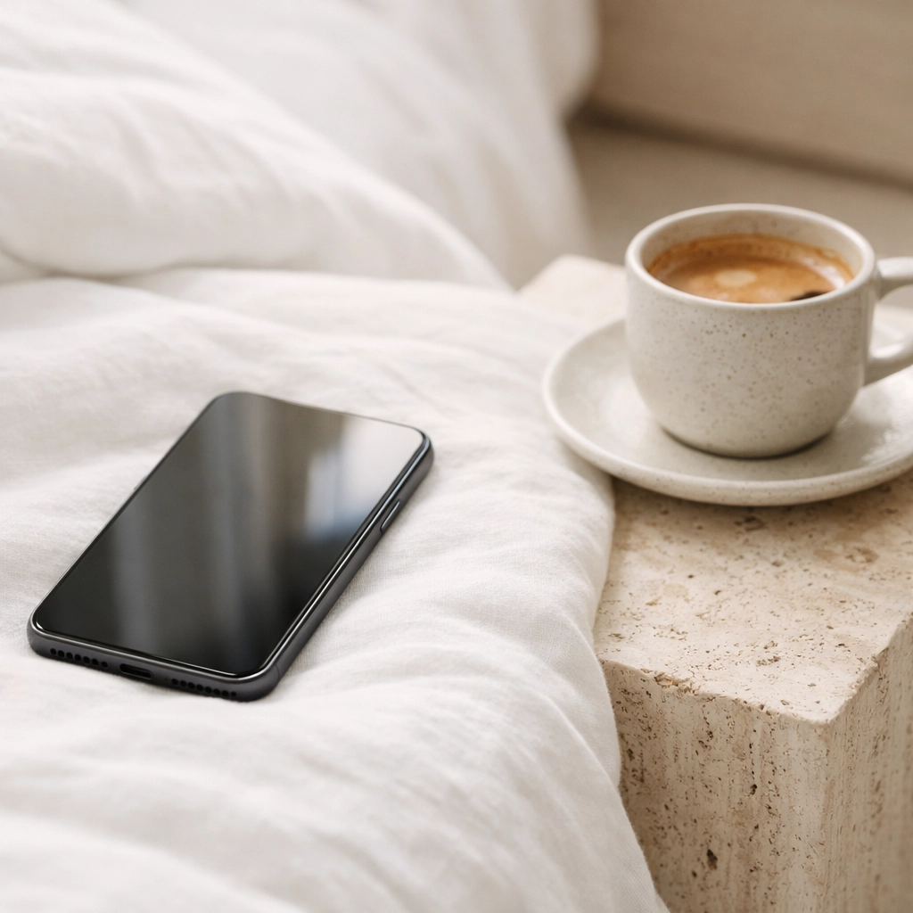 A smartphone in a hotel suite illustrating seamless mobile check-in and modern hospitality tech.