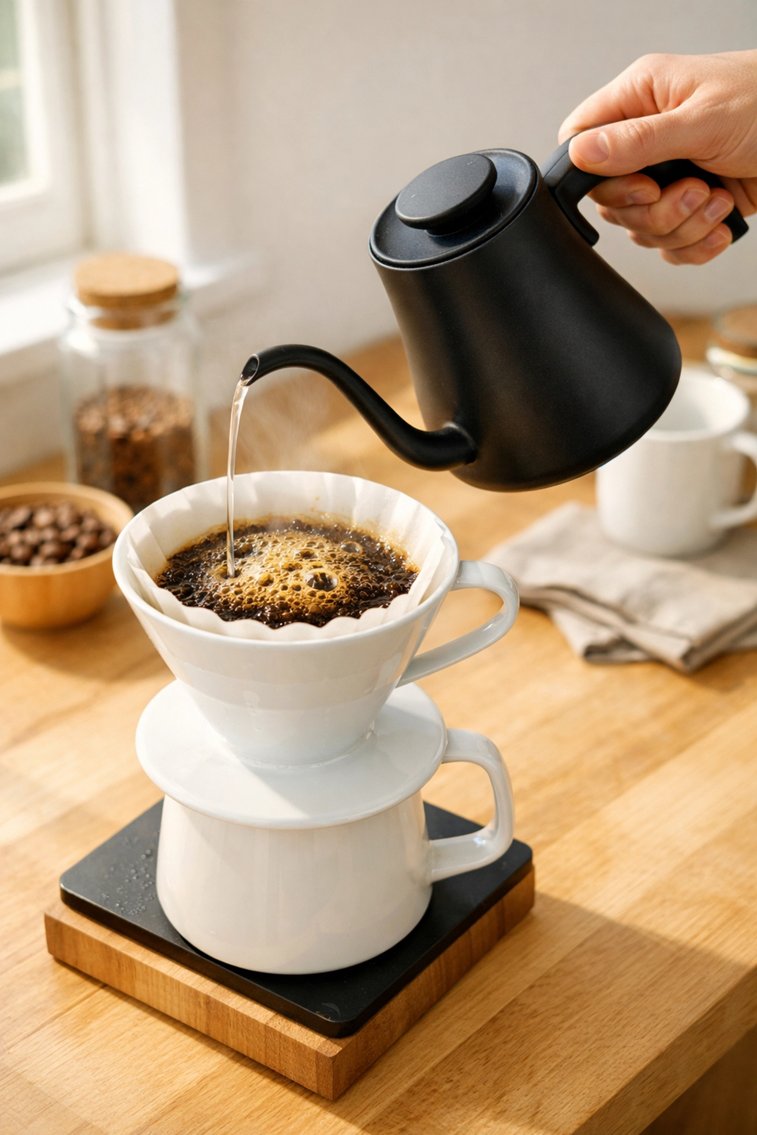 Pouring hot water from a kettle into a V60 dripper to brew fresh specialty coffee at home.