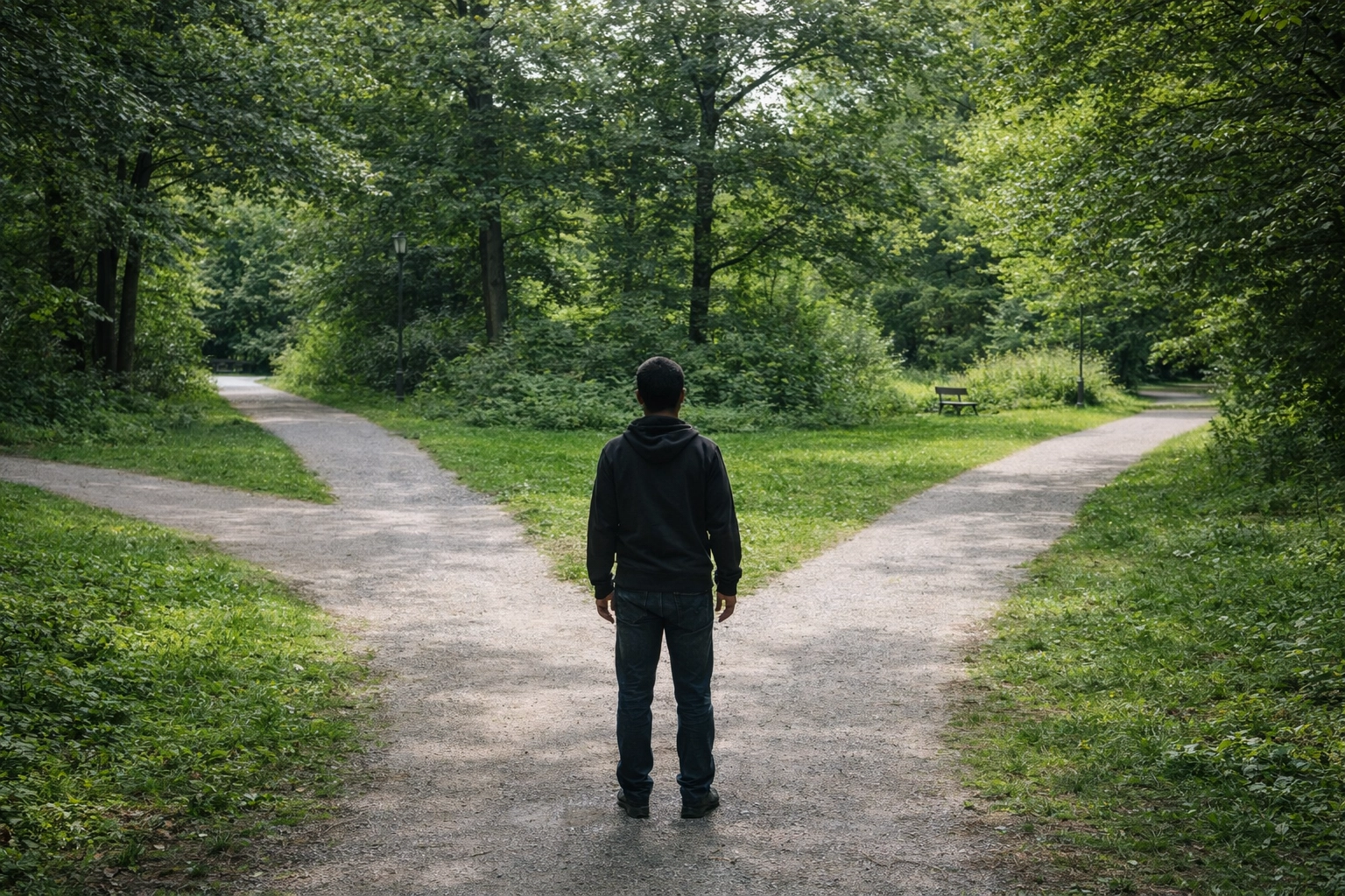 Realistic photo of a diverse person paused at a fork in a park path, deciding which direction to take