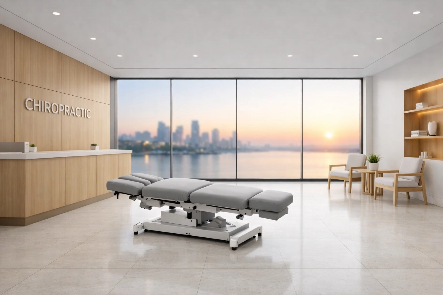 Interior of a modern, clinical chiropractic office symbolizing practice growth and local market domination.