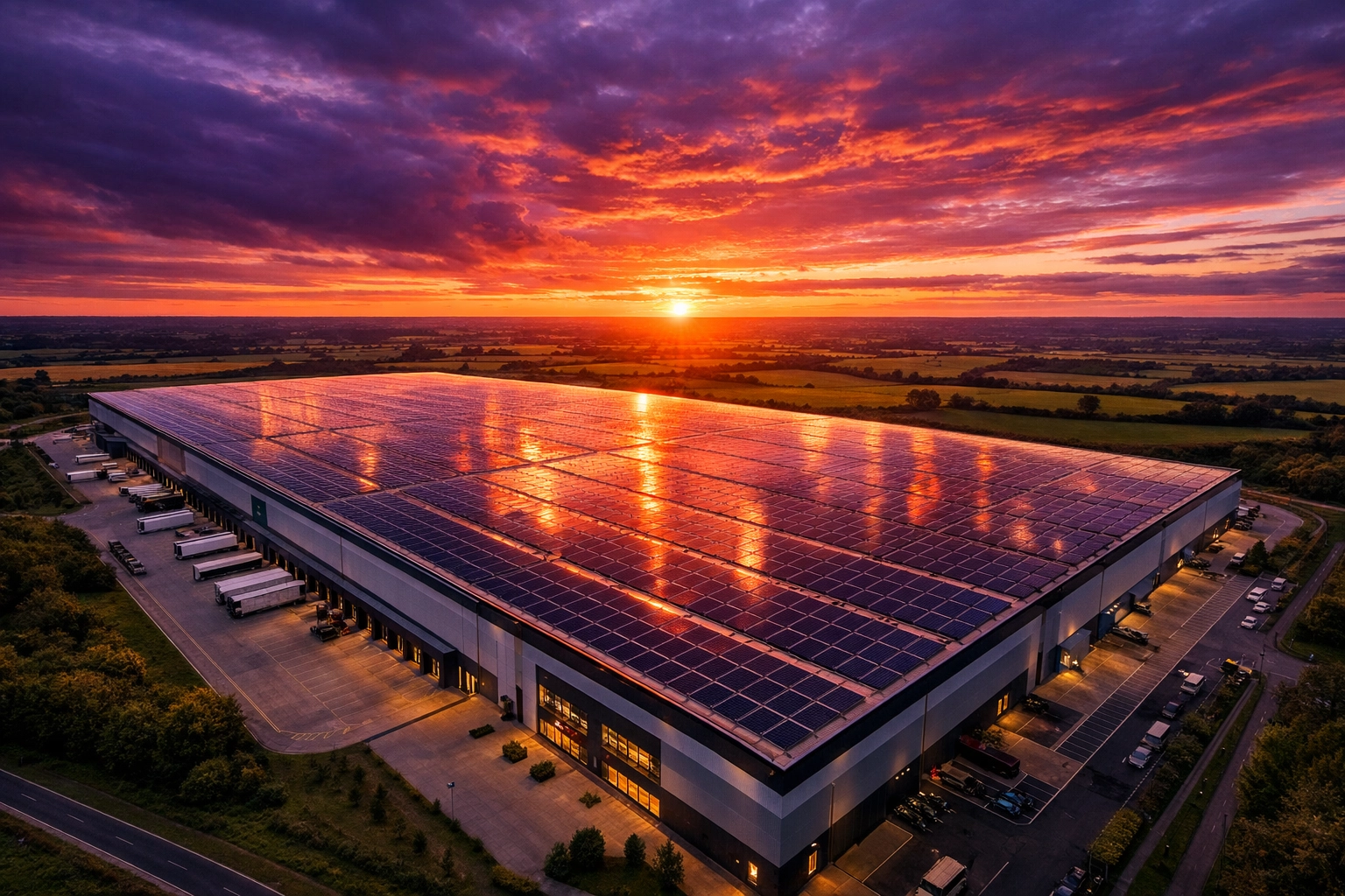 Large-scale commercial solar installation on a UK warehouse roof generating clean renewable energy.