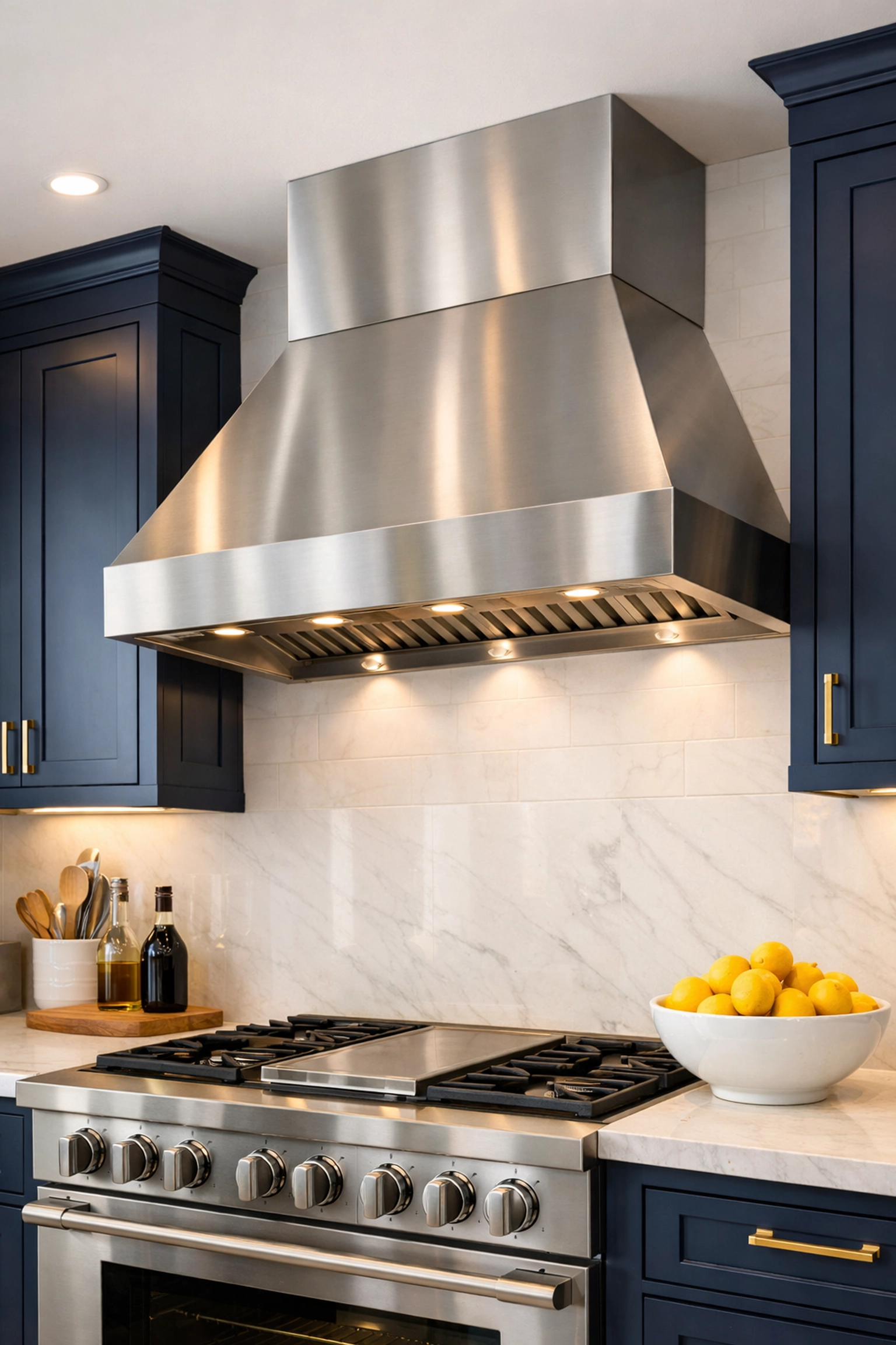 Modern stainless steel range hood over a professional stovetop in a high-end kitchen.