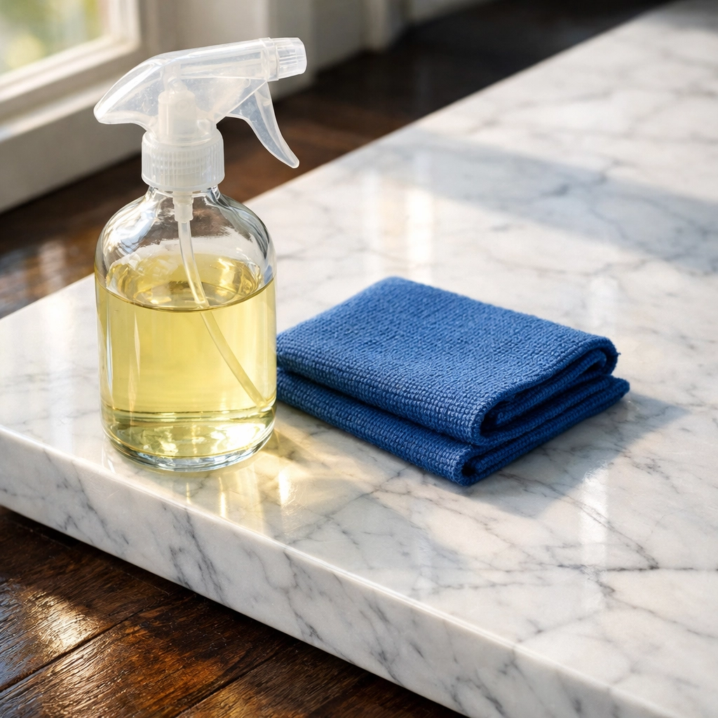 Eco-friendly products used for deep residential cleaning Massachusetts on marble surfaces in a Dover home.