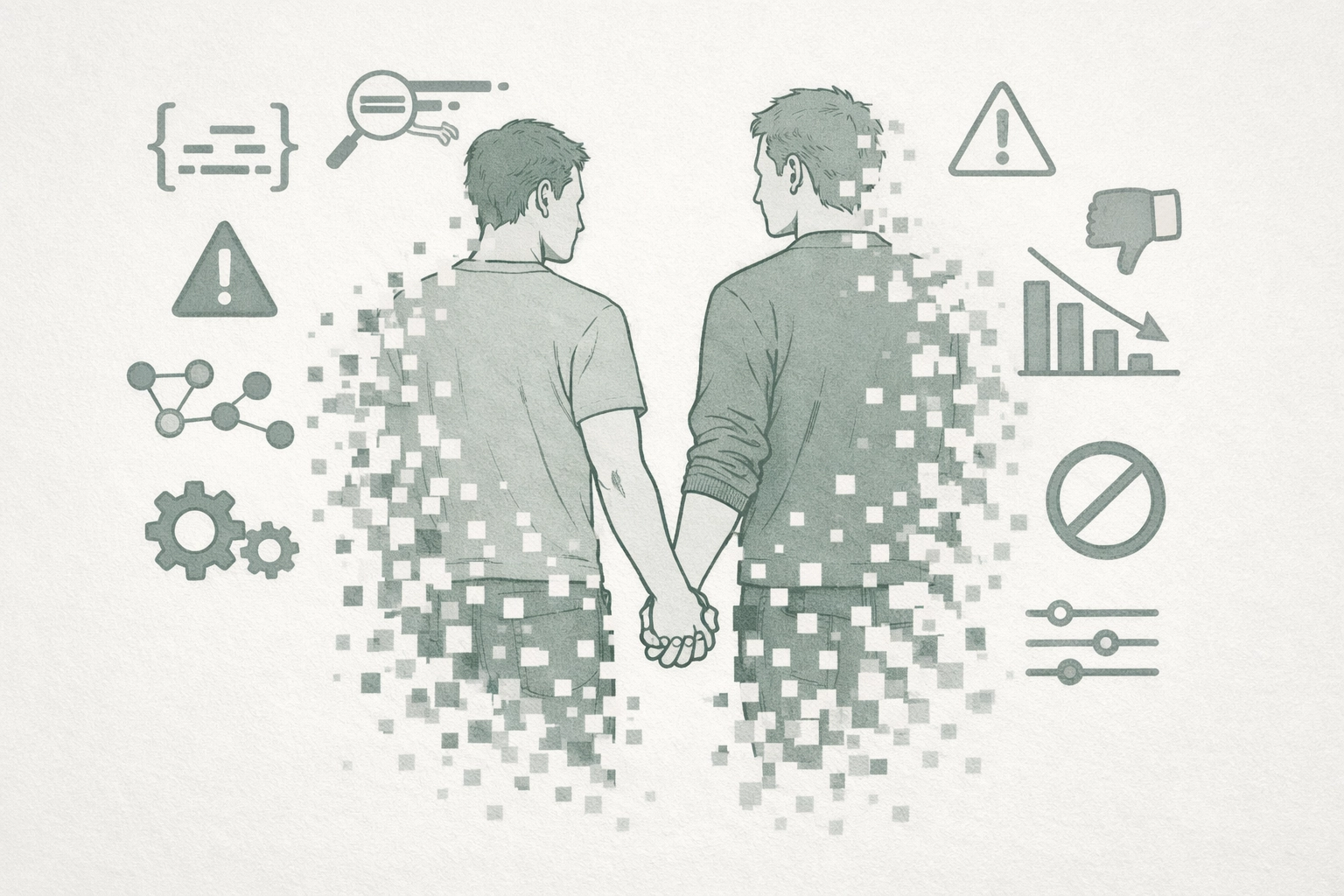 Male couple fading from view representing digital erasure of LGBTQ+ content on social platforms