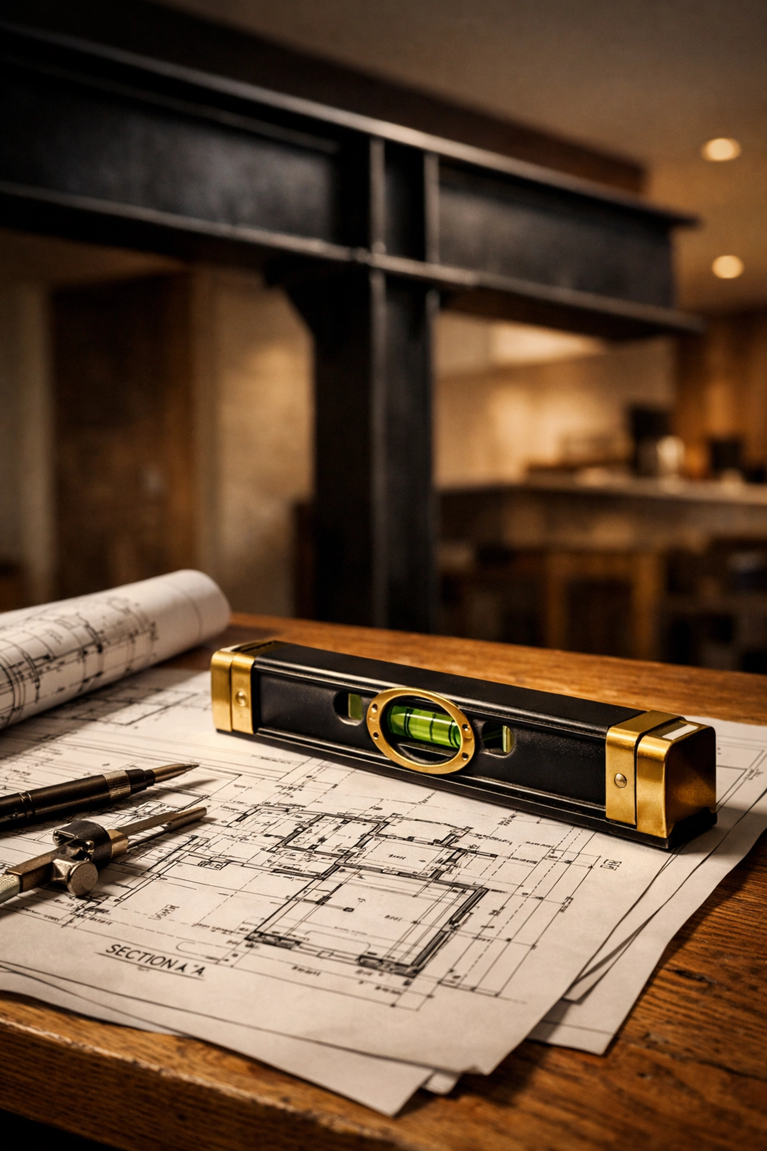 Architectural blueprints and spirit level detail, showcasing structural planning for a West Sussex home renovation.