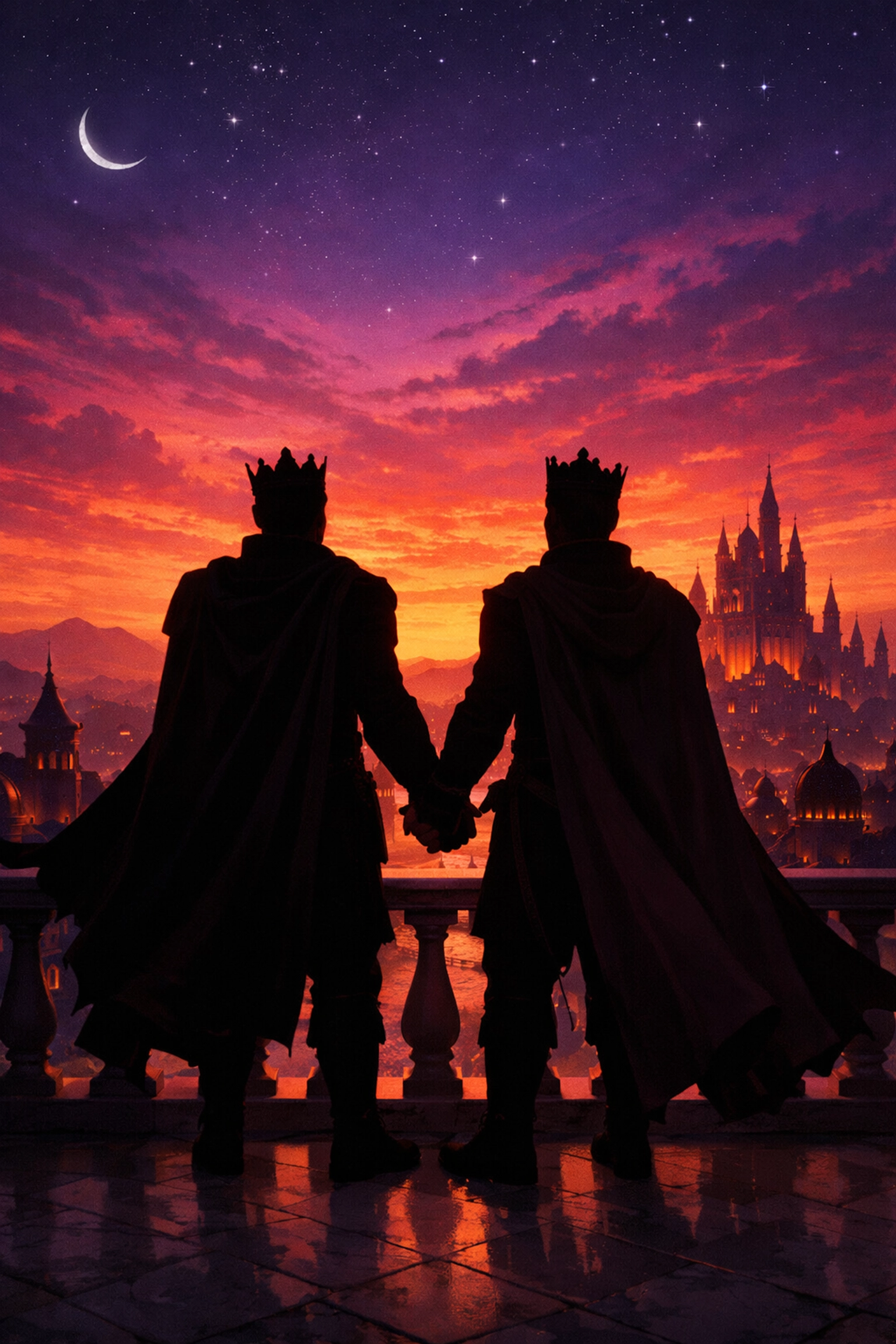 Two kings holding hands on a balcony at sunset, a trope in queer fiction and MM fantasy.