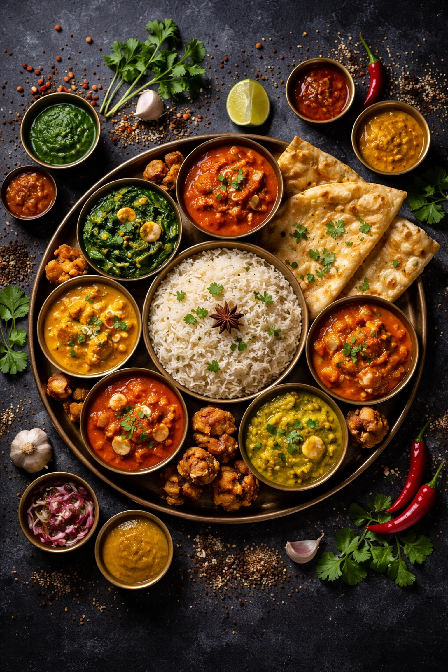 Colorful Indian thali platter with vibrant curries and naan, representing Brisbane Indian cuisine
