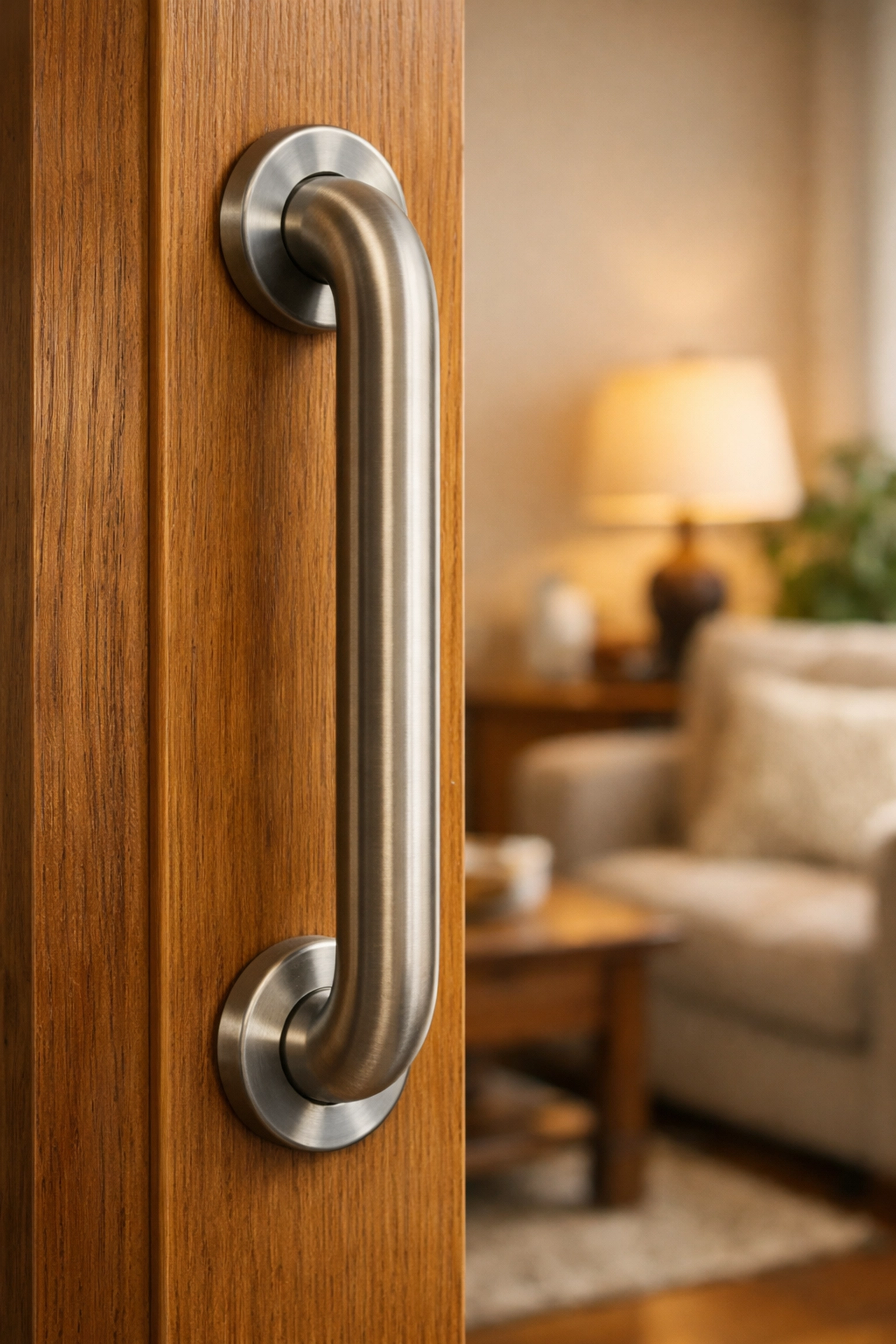 Sturdy metal grab bar mounted on a door frame providing essential balance for seniors entering the home.