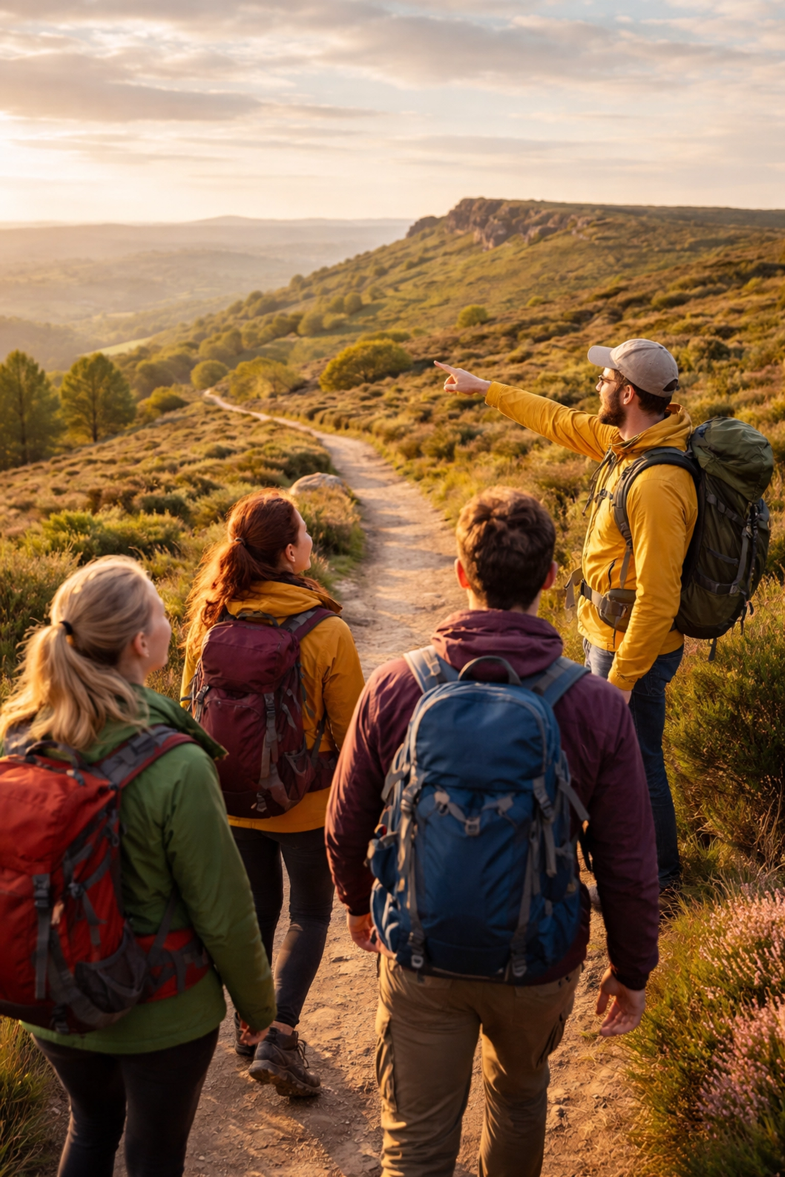 Group follows a guide along a Peak District trail, highlighting safety and community in guided hiking tours UK.