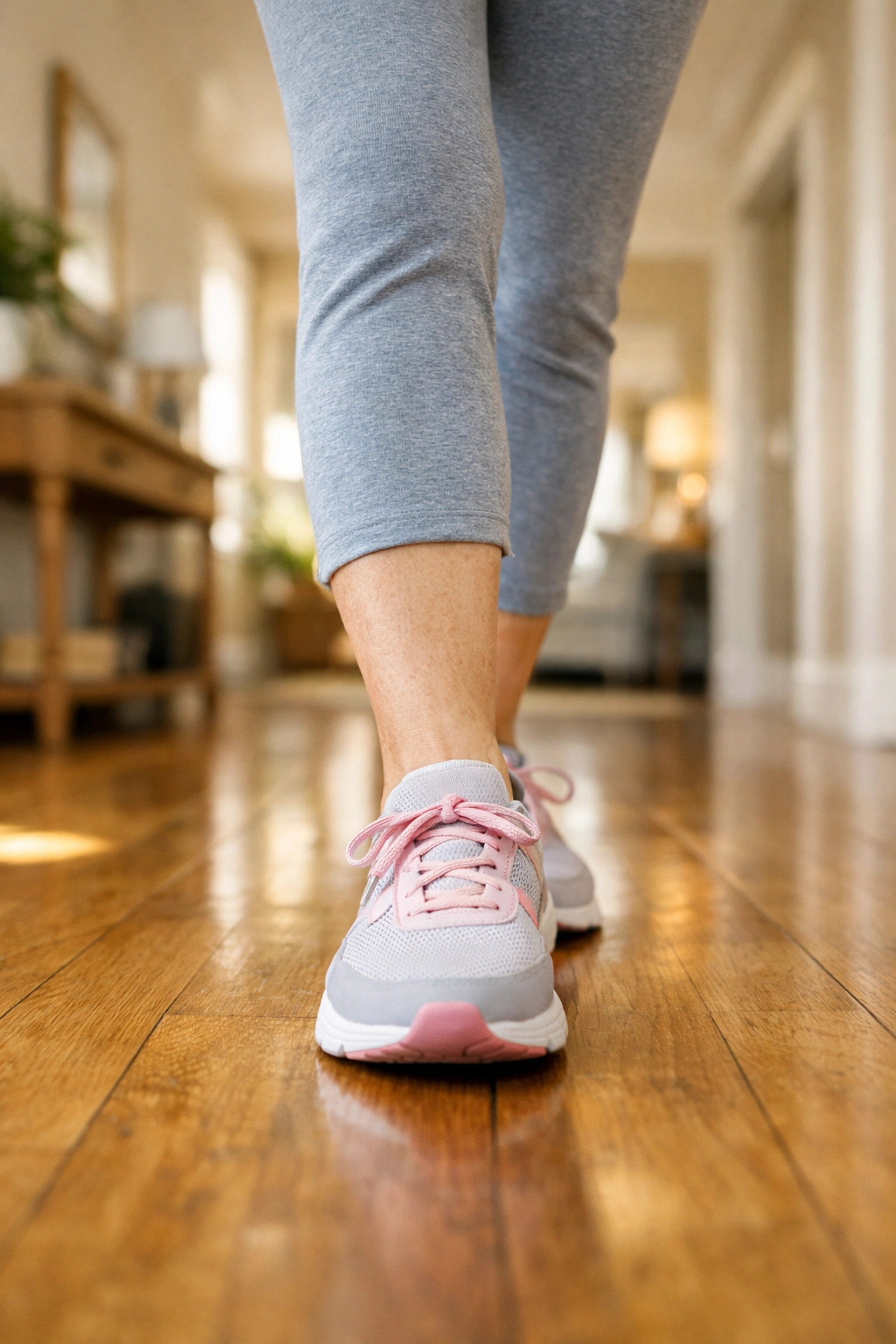 Senior woman practicing heel-to-toe walking exercises in a hallway to improve dynamic balance.