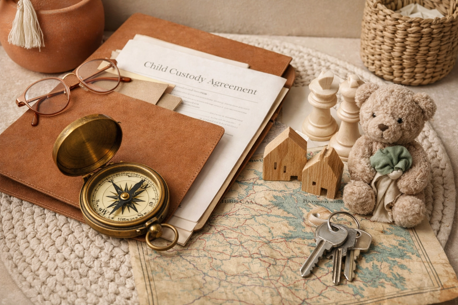 Compass, map, and legal folder illustrating long-term child custody planning in Fredericksburg, VA