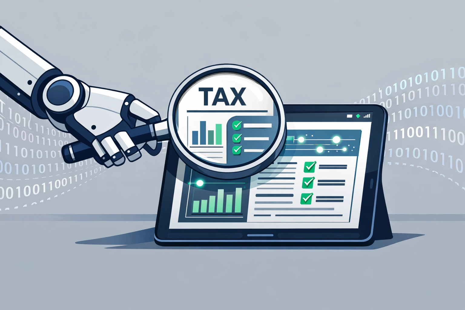 Robotic arm using a magnifying glass to scan digital tax documents for automated IRS audit data matching.