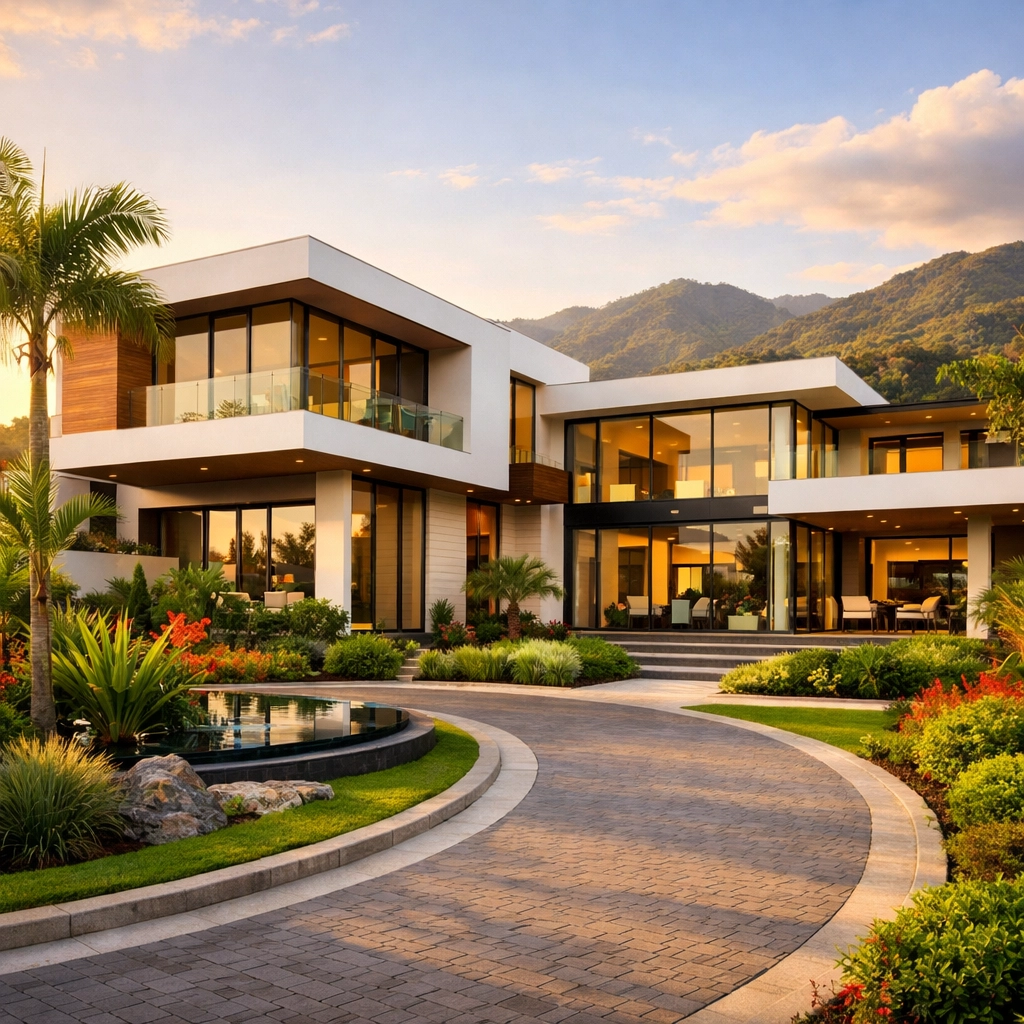 Modern luxury home in Escazú Costa Rica with mountain views and tropical landscaping