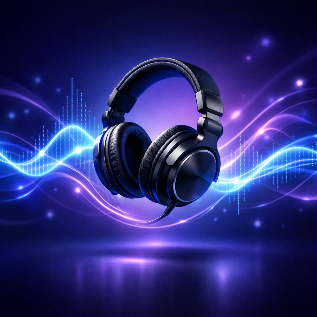 Modern headphones surrounded by sound waves representing the Plugged in: The Disruptor Podcast.