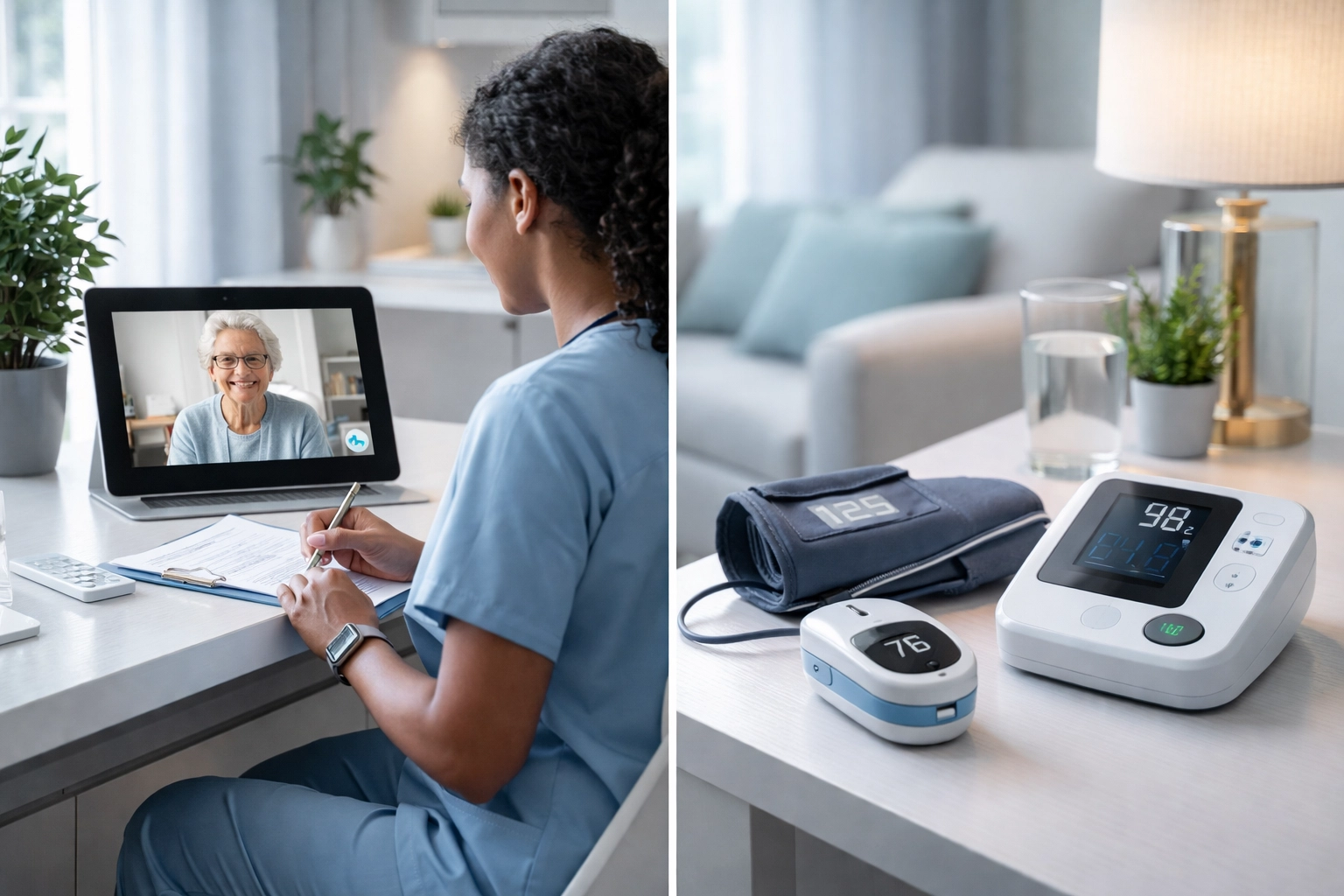 Home health technology showing telehealth video call and remote patient monitoring devices