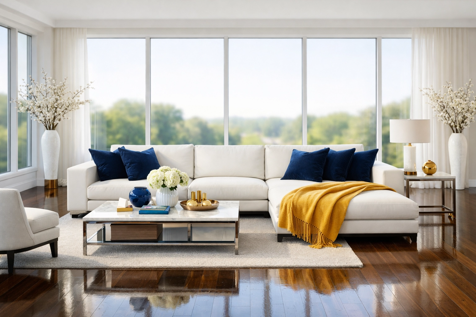 Pristine luxury residential cleaning in Shrewsbury living room with polished hardwood floors and tidy modern furniture.