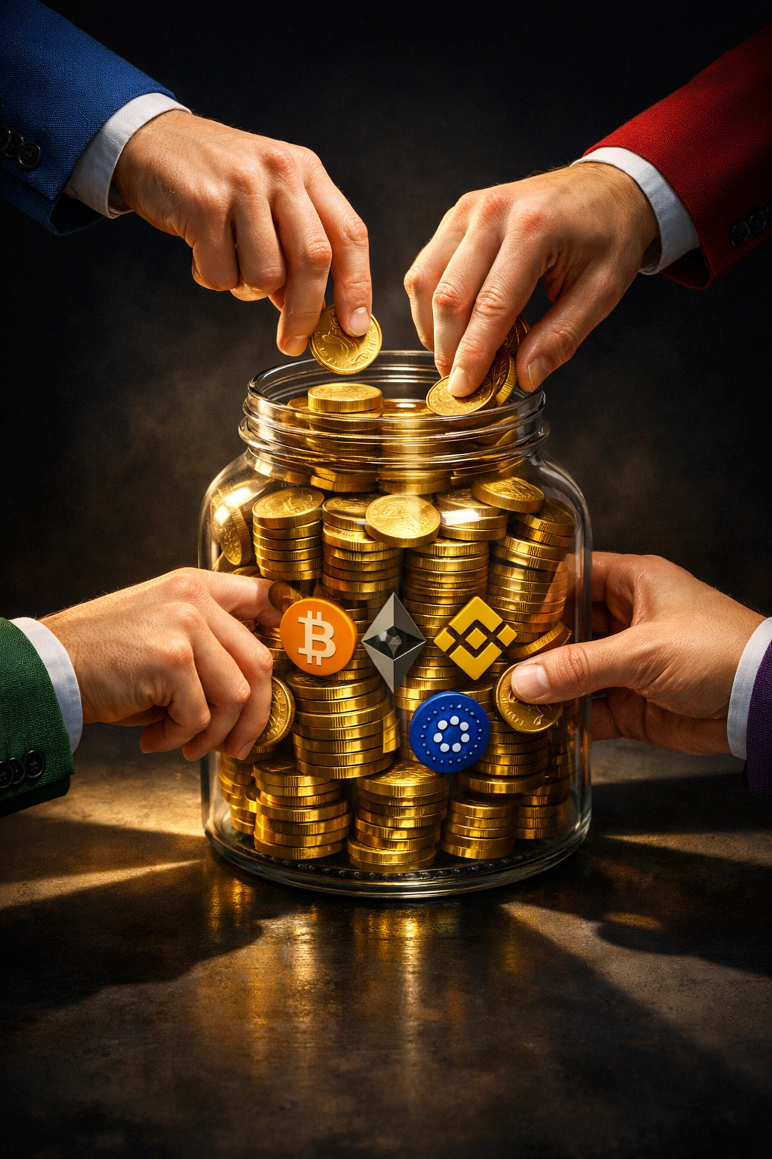 Hidden merchant fees illustrated as multiple hands extracting coins from crypto payment jar