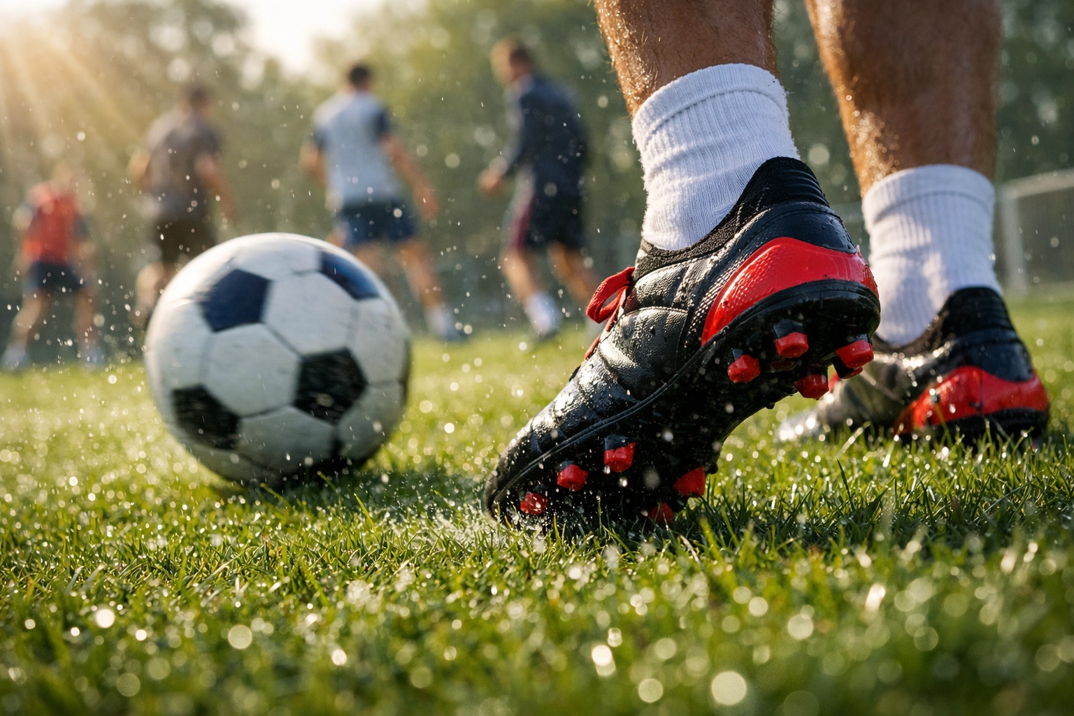 Football boots on grass during Bundesliga morning training session with players