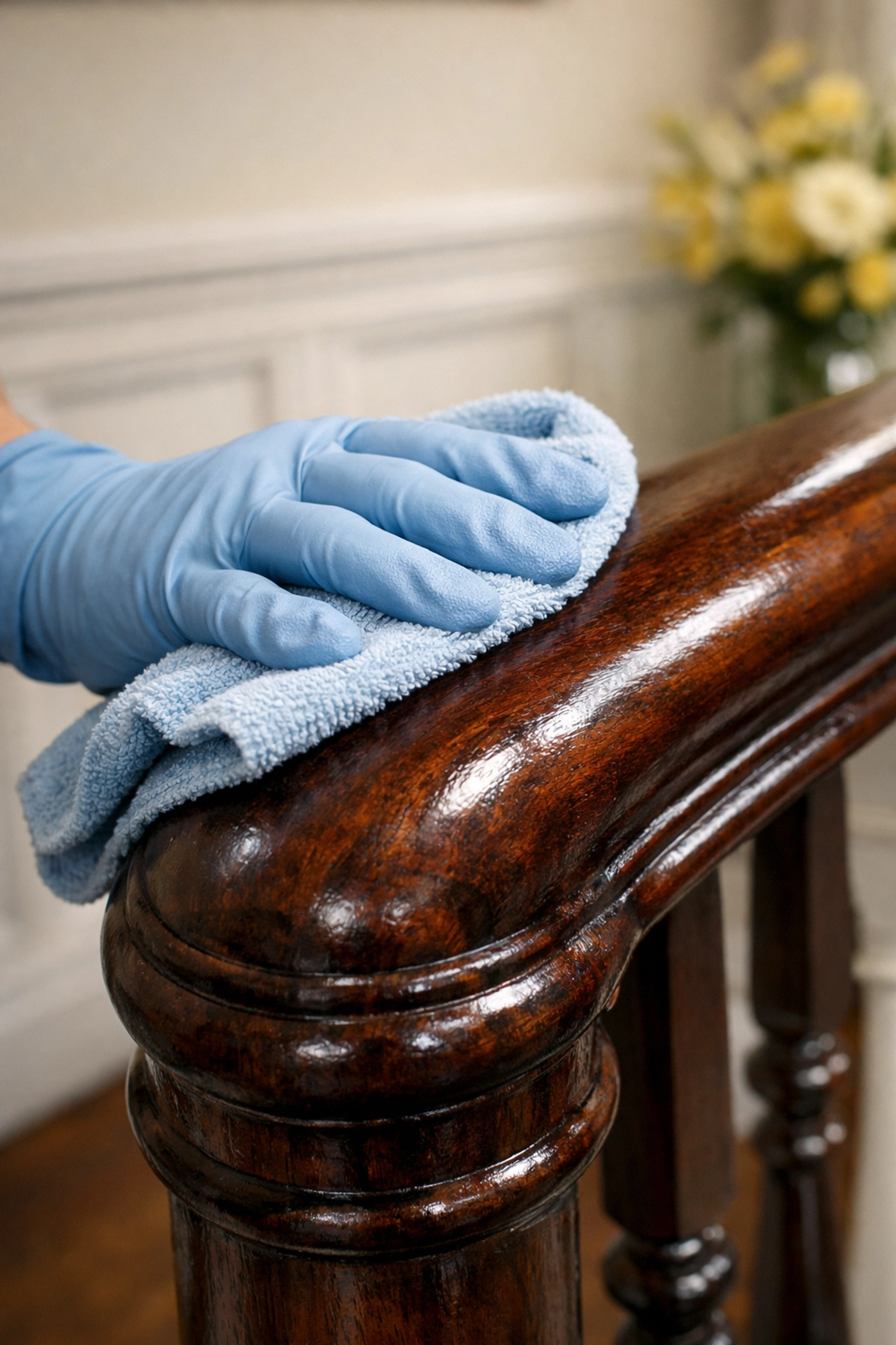 Professional cleaner wiping a mahogany banister in a Historic Lexington Property foyer.