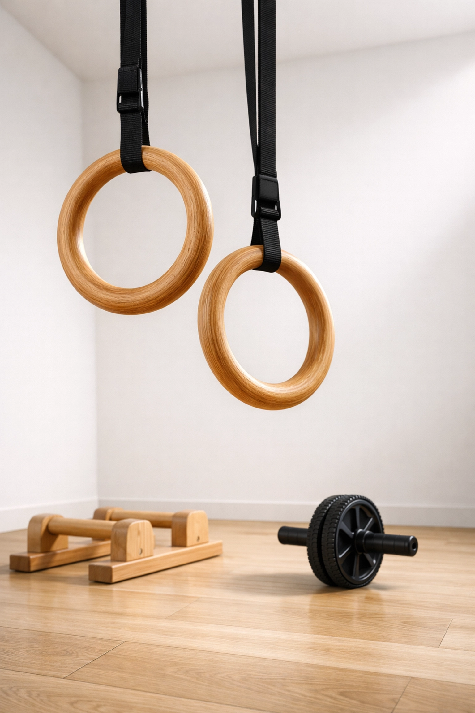Gymnastic rings, parallettes, and ab wheel for bodyweight training and calisthenics at home