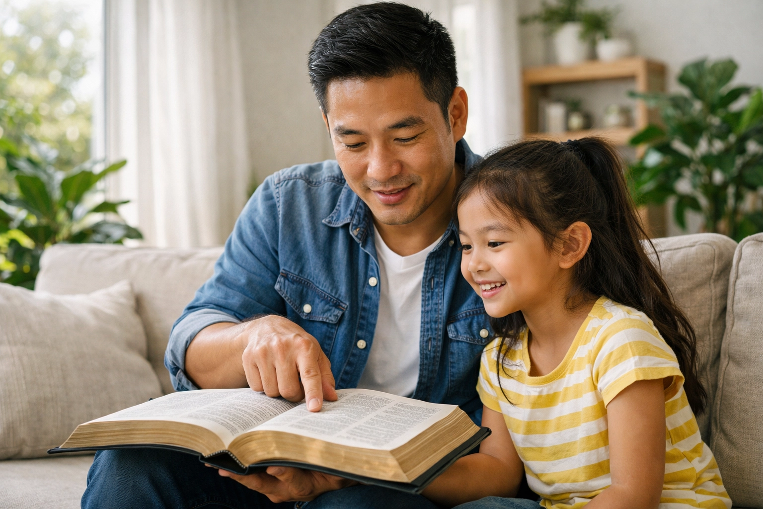 Father and daughter reading Scripture together at home to grow in faith in Christ.