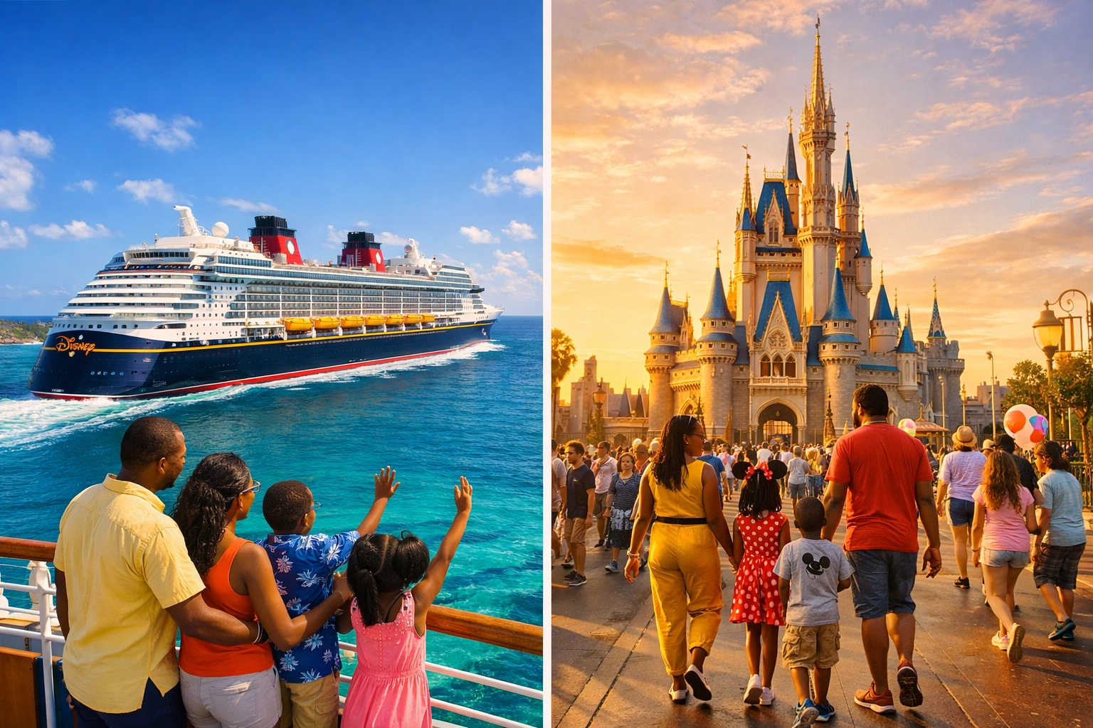 Disney Cruise ship and Cinderella Castle side-by-side comparison for vacation budget planning