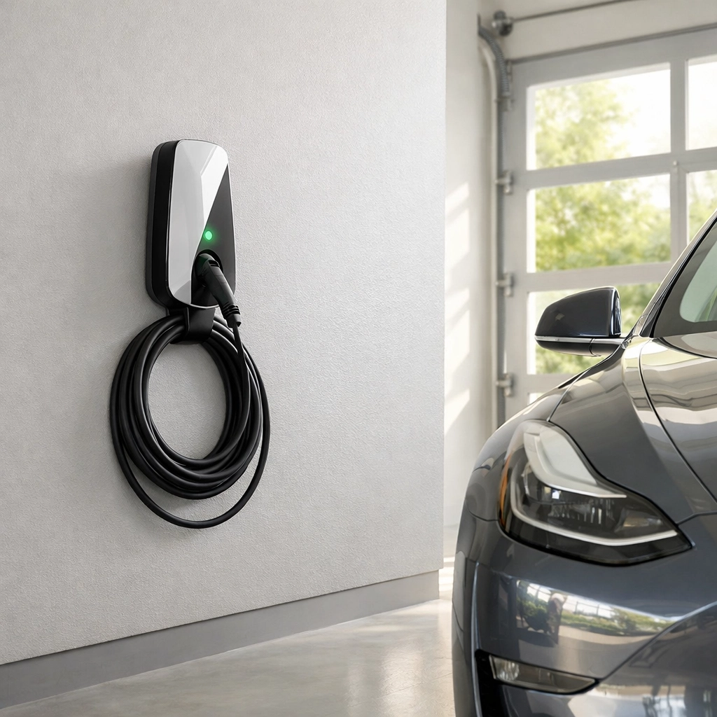 Sleek residential EV charging station installed in a modern Maine home garage.