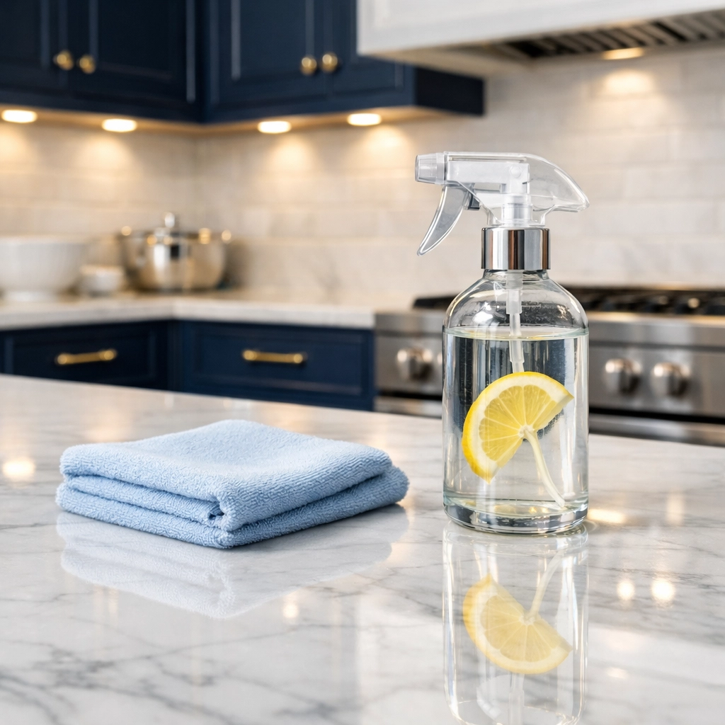 Spotless marble kitchen island in Acton showing results of eco-friendly house cleaning services.