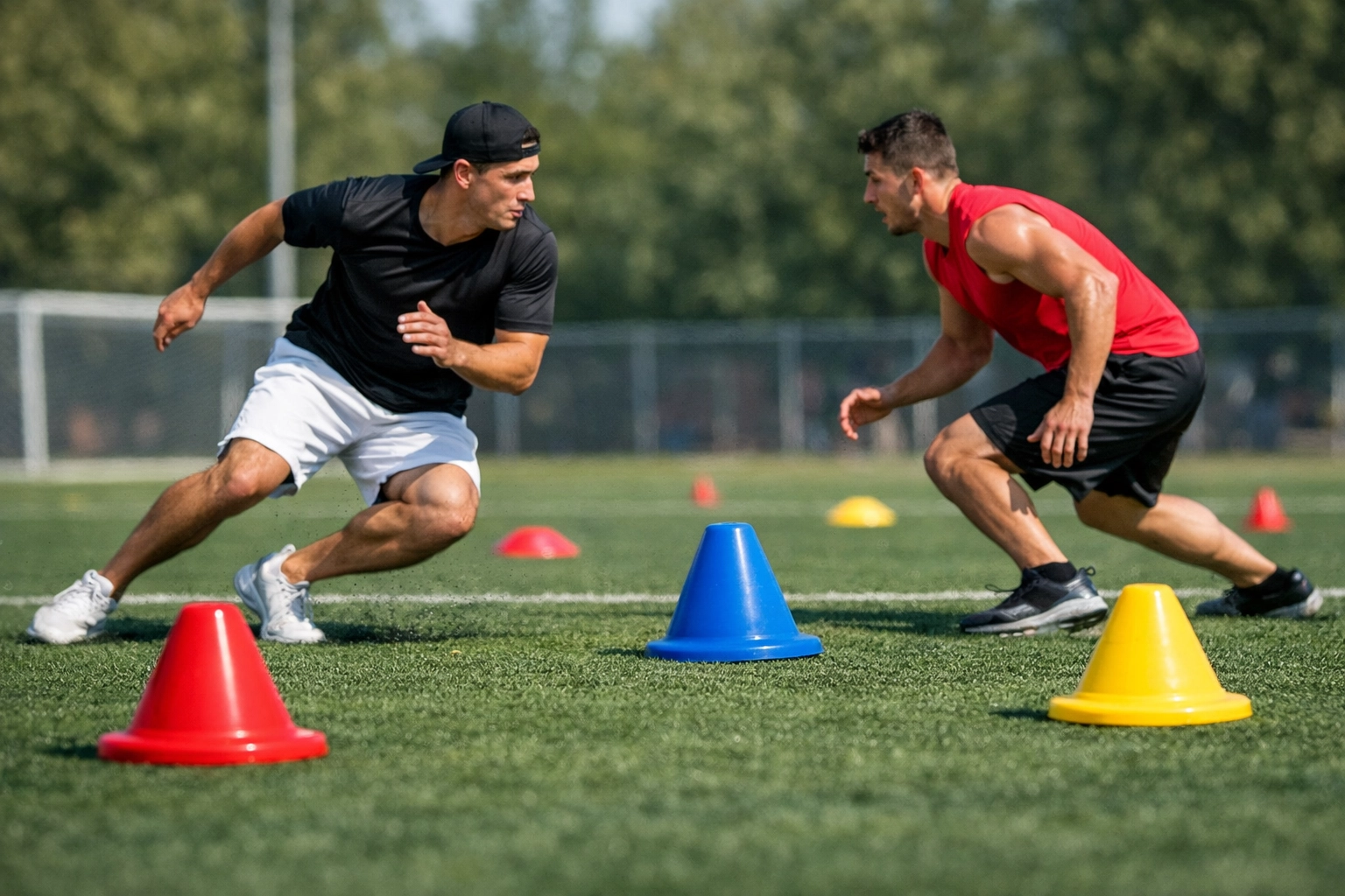 Athletes performing reactive agility mirror drill with colored training cones