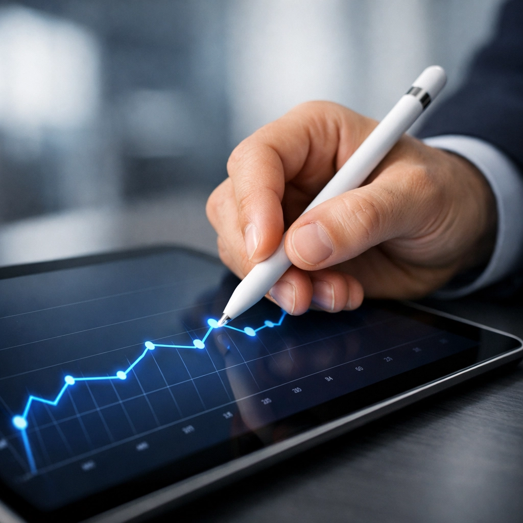 Tracking sales performance metrics on a tablet to identify prospecting and discovery gaps.