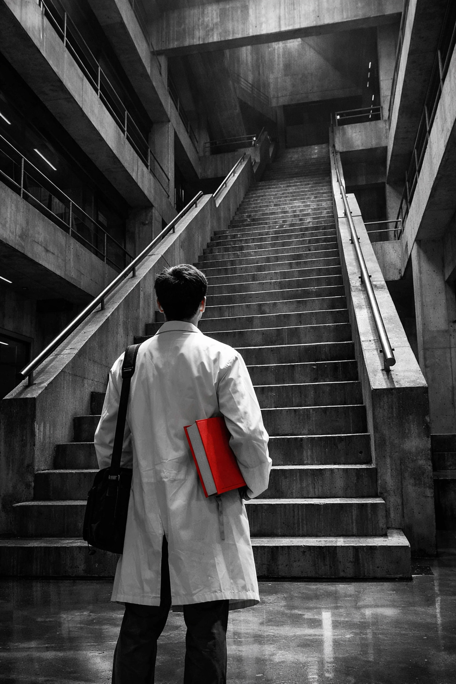 Medical student at a daunting university staircase representing barriers in the healthcare talent pipeline.