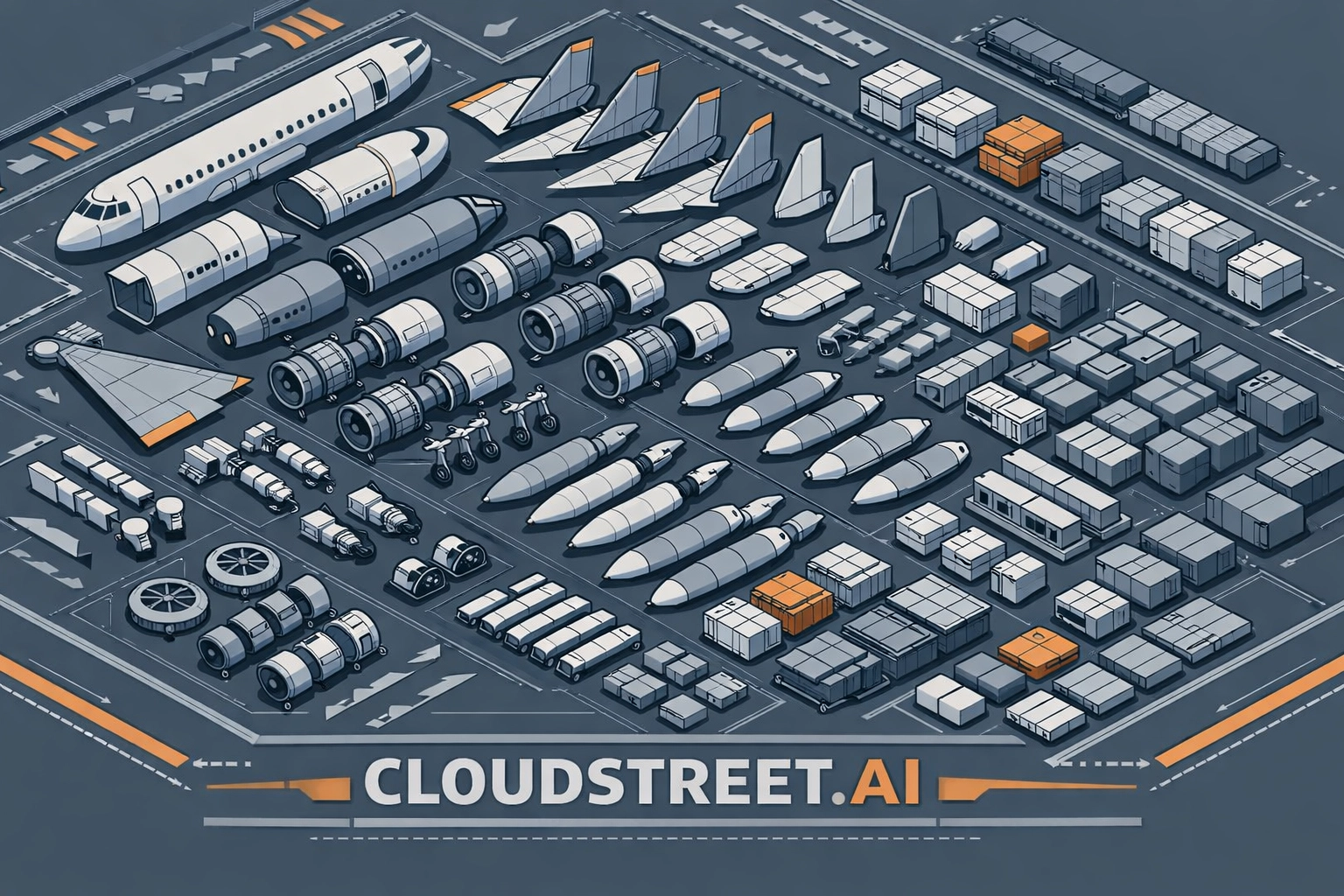 Organized aircraft parts inventory in aerospace hangar representing Kellstrom's aftermarket operations