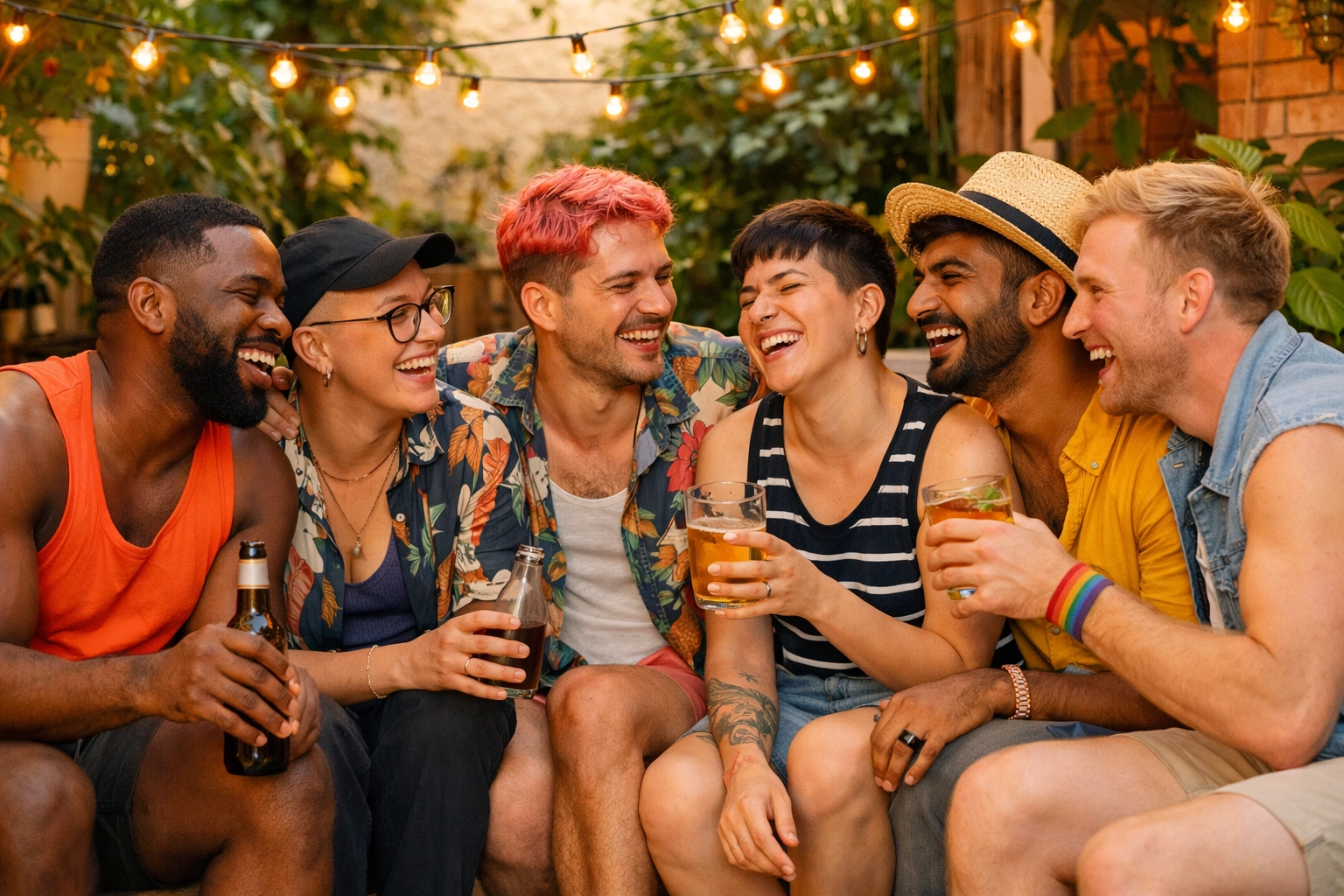 A diverse group of queer friends celebrating the found family trope in meaningful LGBTQ+ fiction.