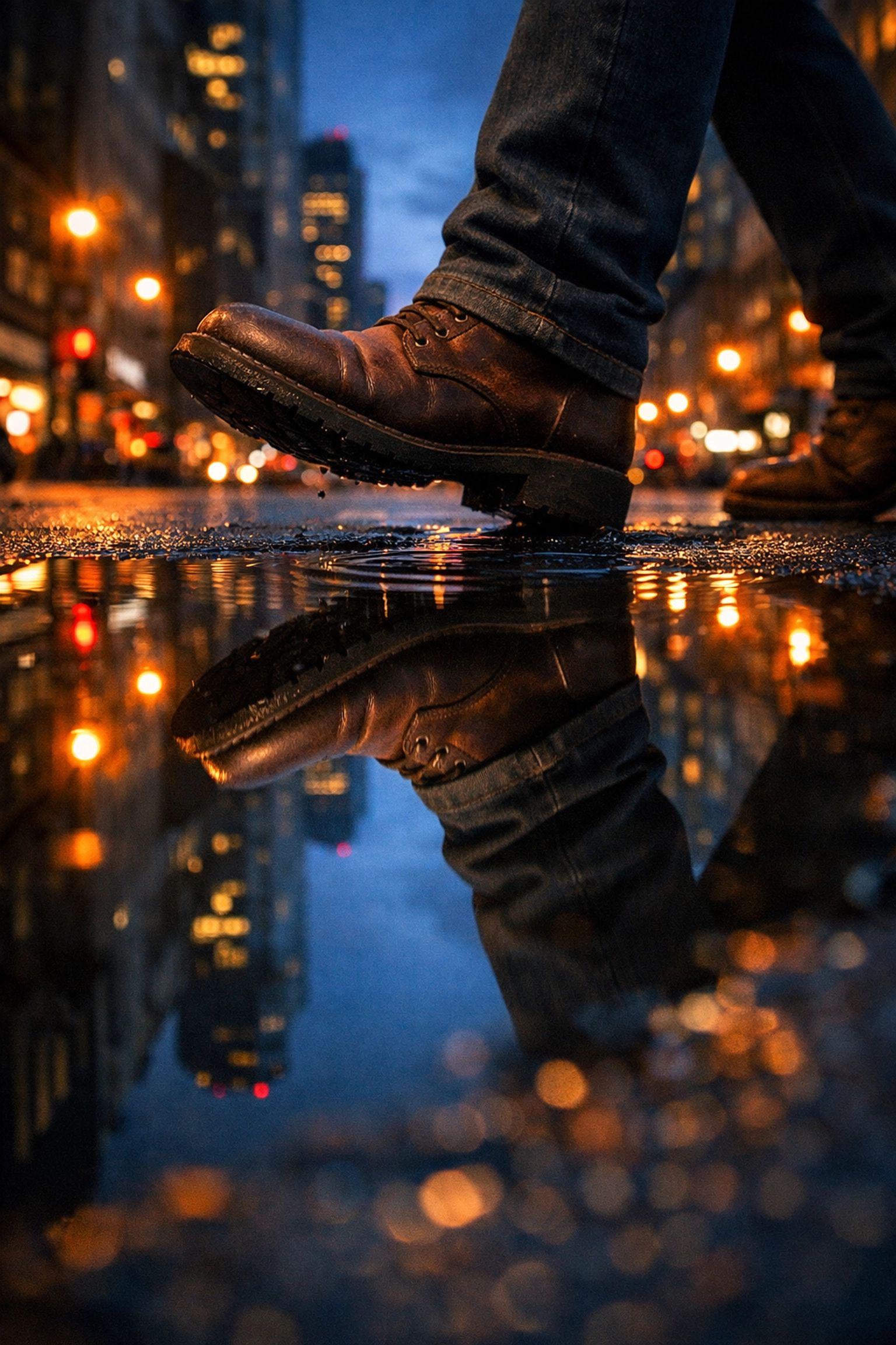 Low-angle street photography showing a city reflection in a rain puddle with a pedestrian walking by.