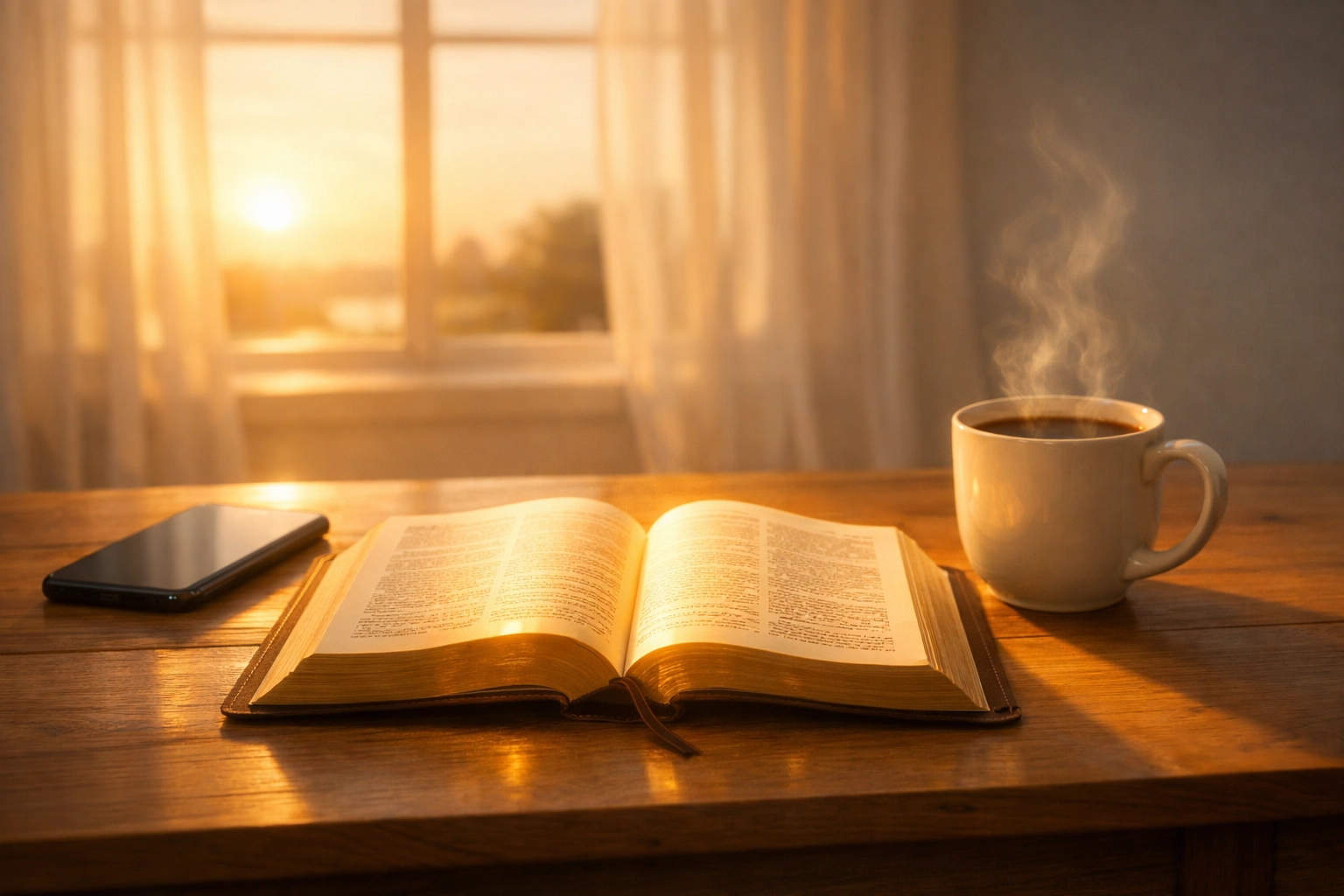 Open Bible with morning light next to smartphone, choosing peace over news anxiety