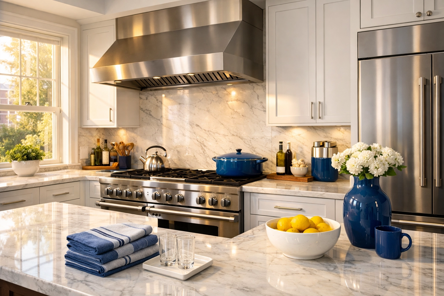 Deep cleaned modern Boston kitchen with gleaming marble countertops and stainless steel appliances.