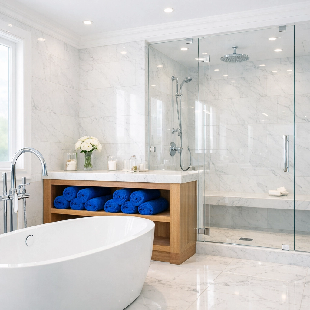 Spotless luxury marble bathroom showing the results of a quick cleaning sprint.
