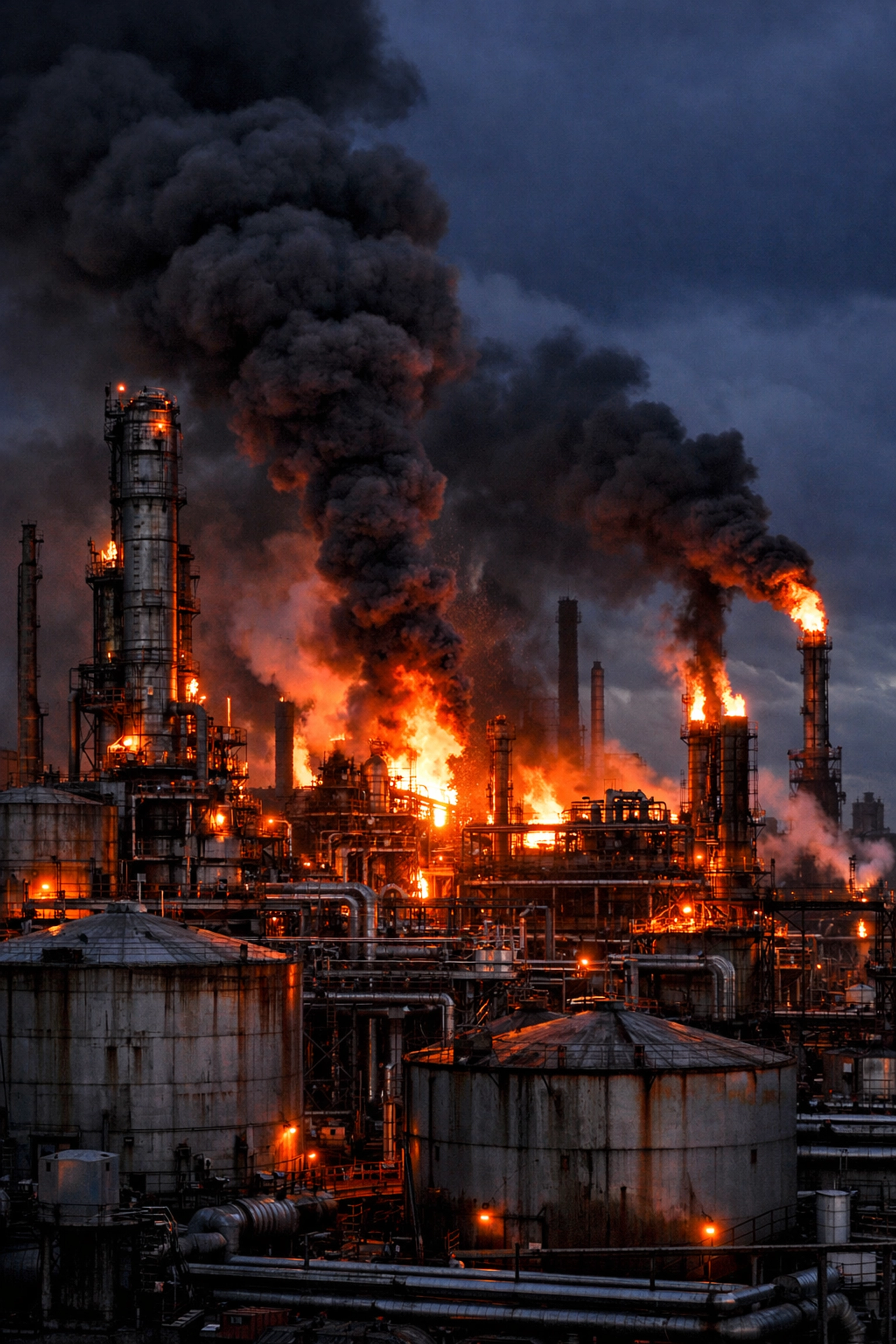 Industrial oil refinery with smoke and fires, illustrating damage to global energy infrastructure.