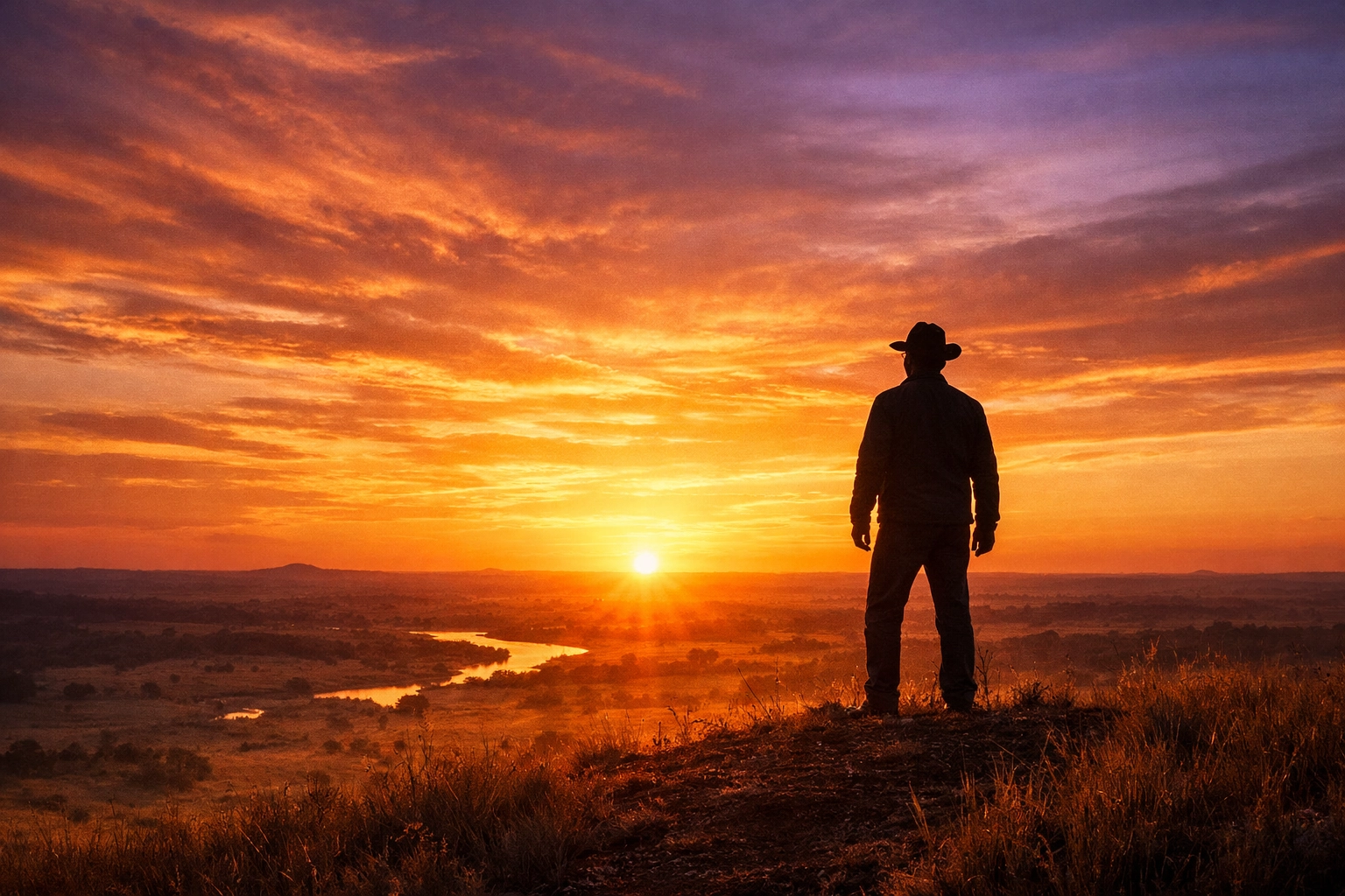 A silhouette of a man overlooking a Texas landscape at sunset, representing a peaceful legacy and spiritual journey.