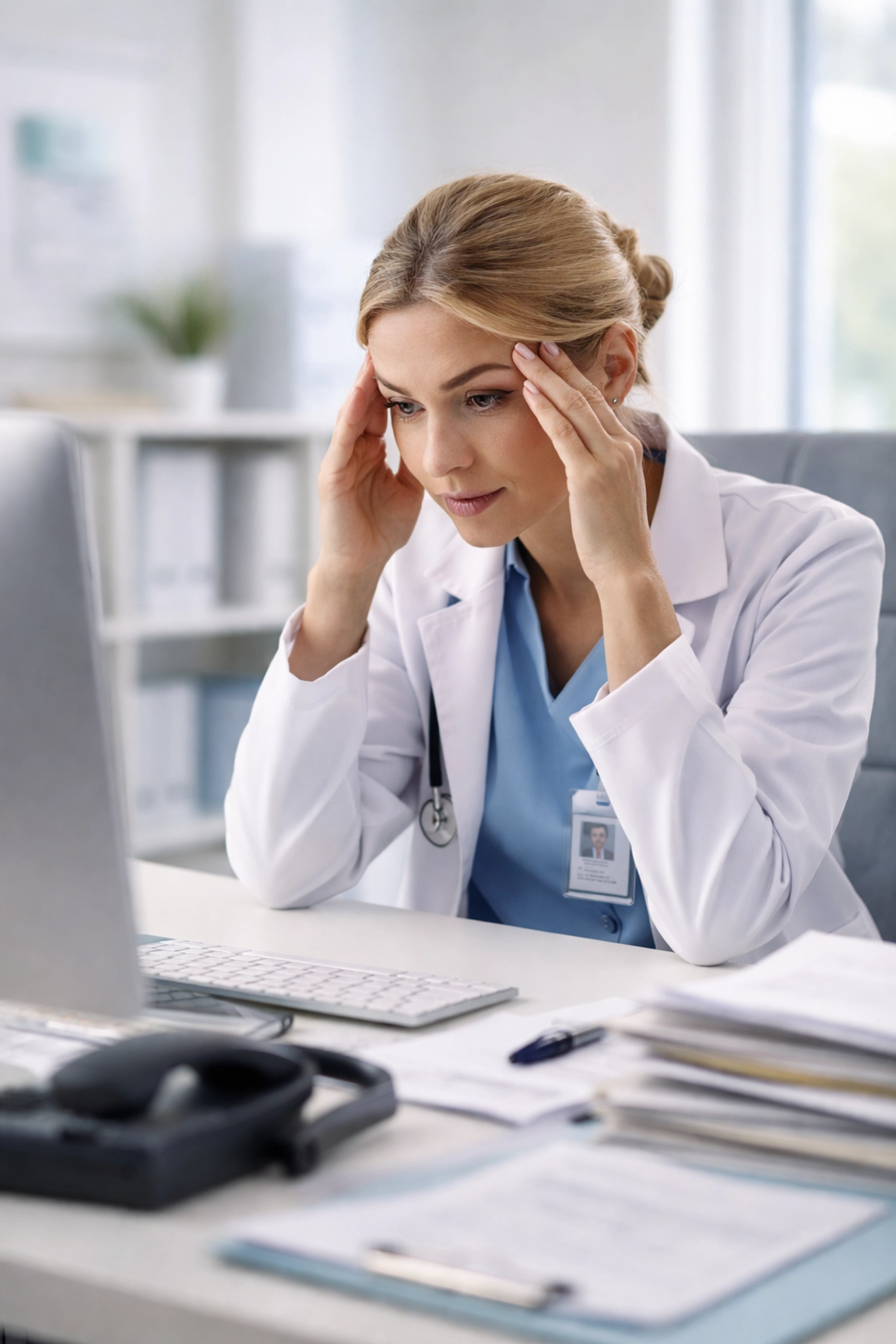 Healthcare administrator stressed while managing medical billing tasks at her desk