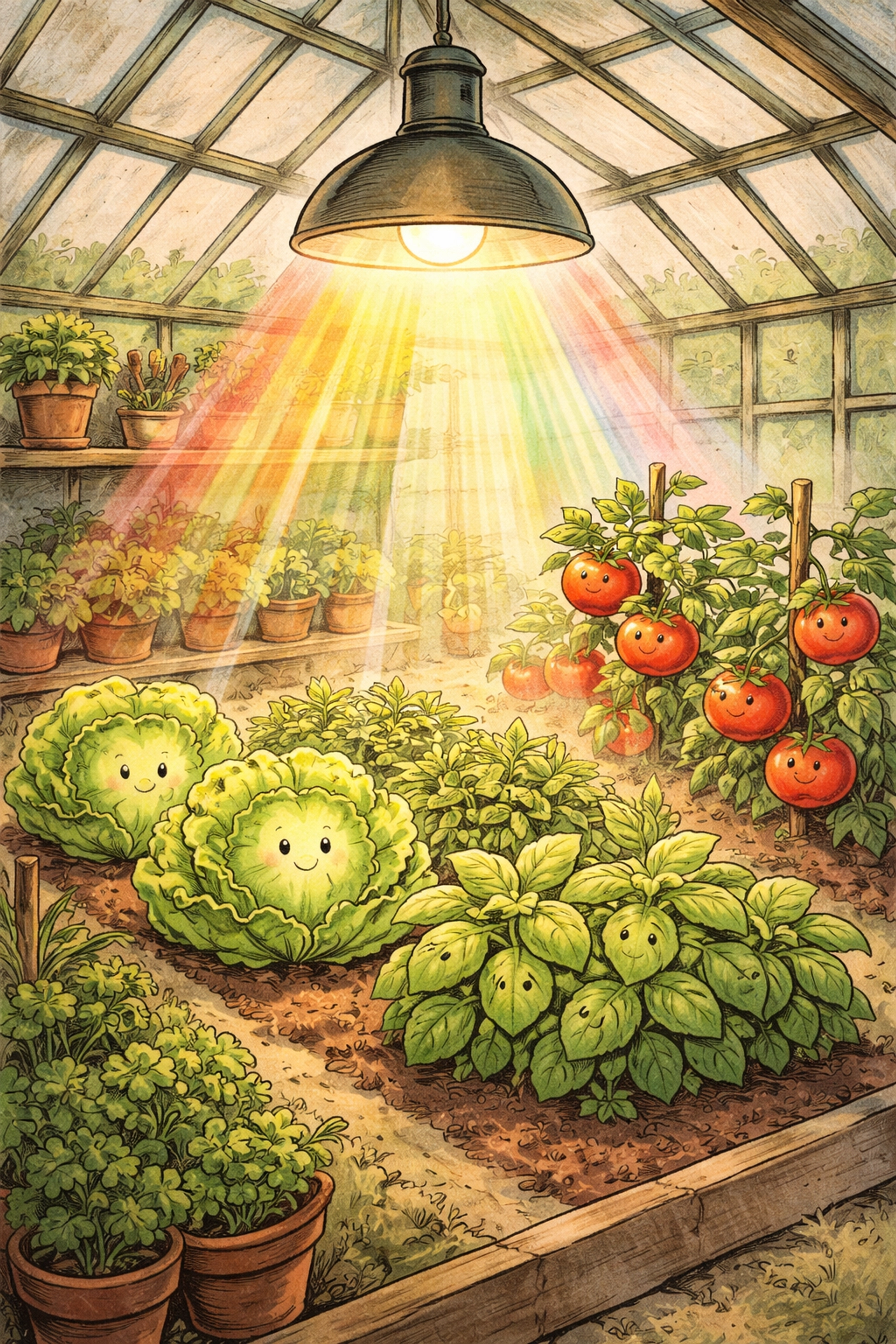 A vintage greenhouse illustration with cheerful cartoon vegetables and full spectrum light represents ideal grow light for home hydroponics.