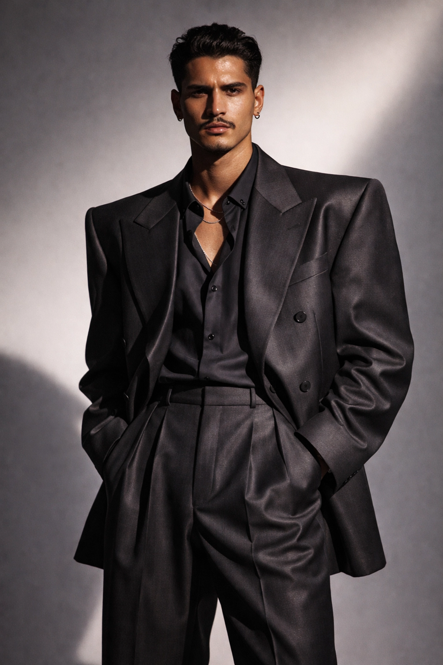 Latino male model in oversized charcoal suit representing Chicano-inspired menswear by Willy Chavarria.