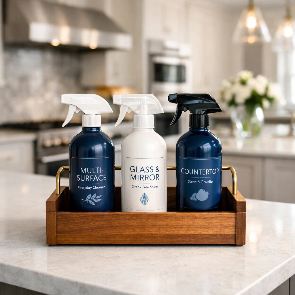 Specialized cleaning products on a quartz kitchen island for professional deep cleaning in Marlborough.