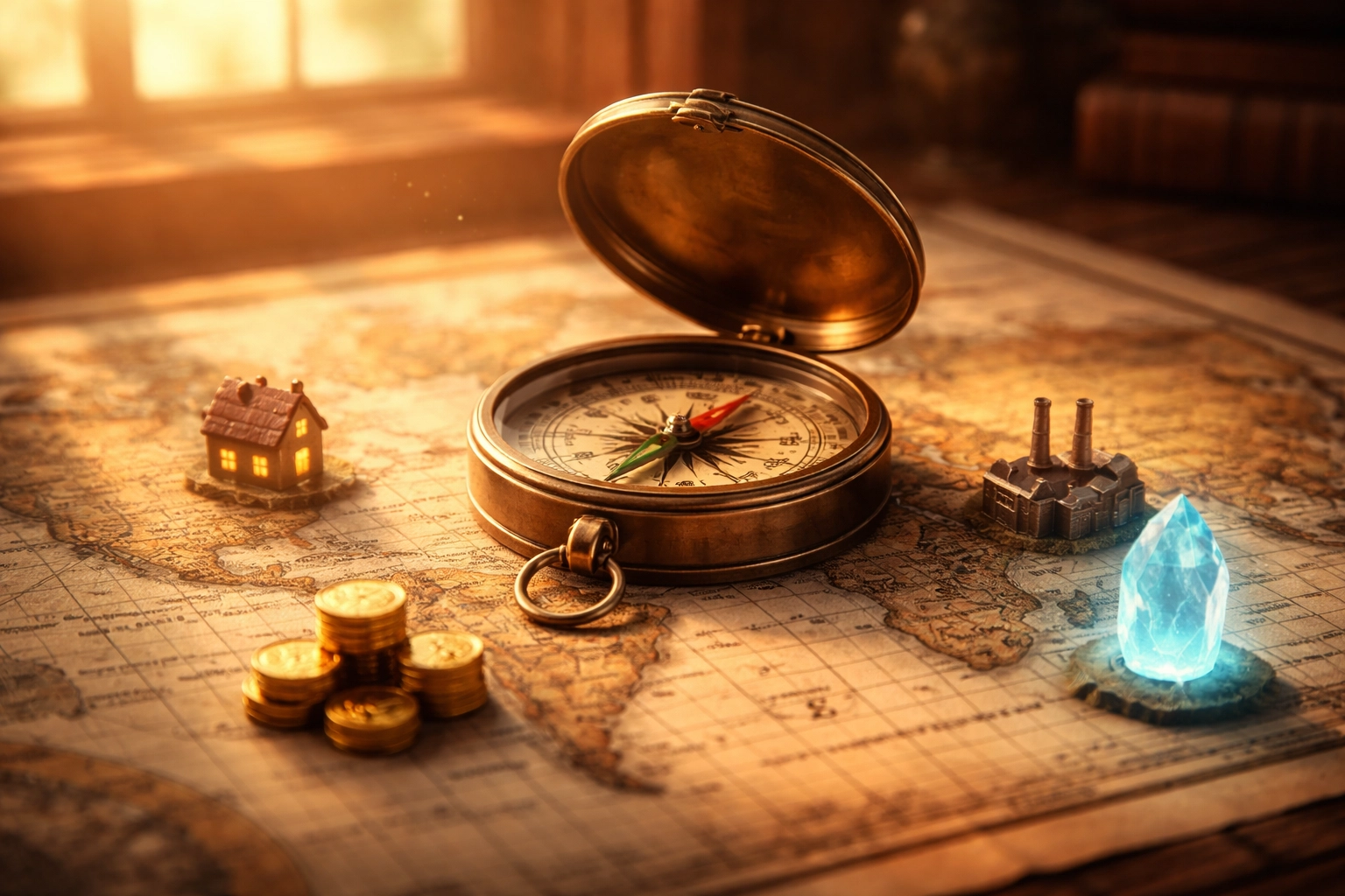 Antique compass and world map with asset icons, highlighting the importance of strategic diversification and global investment.
