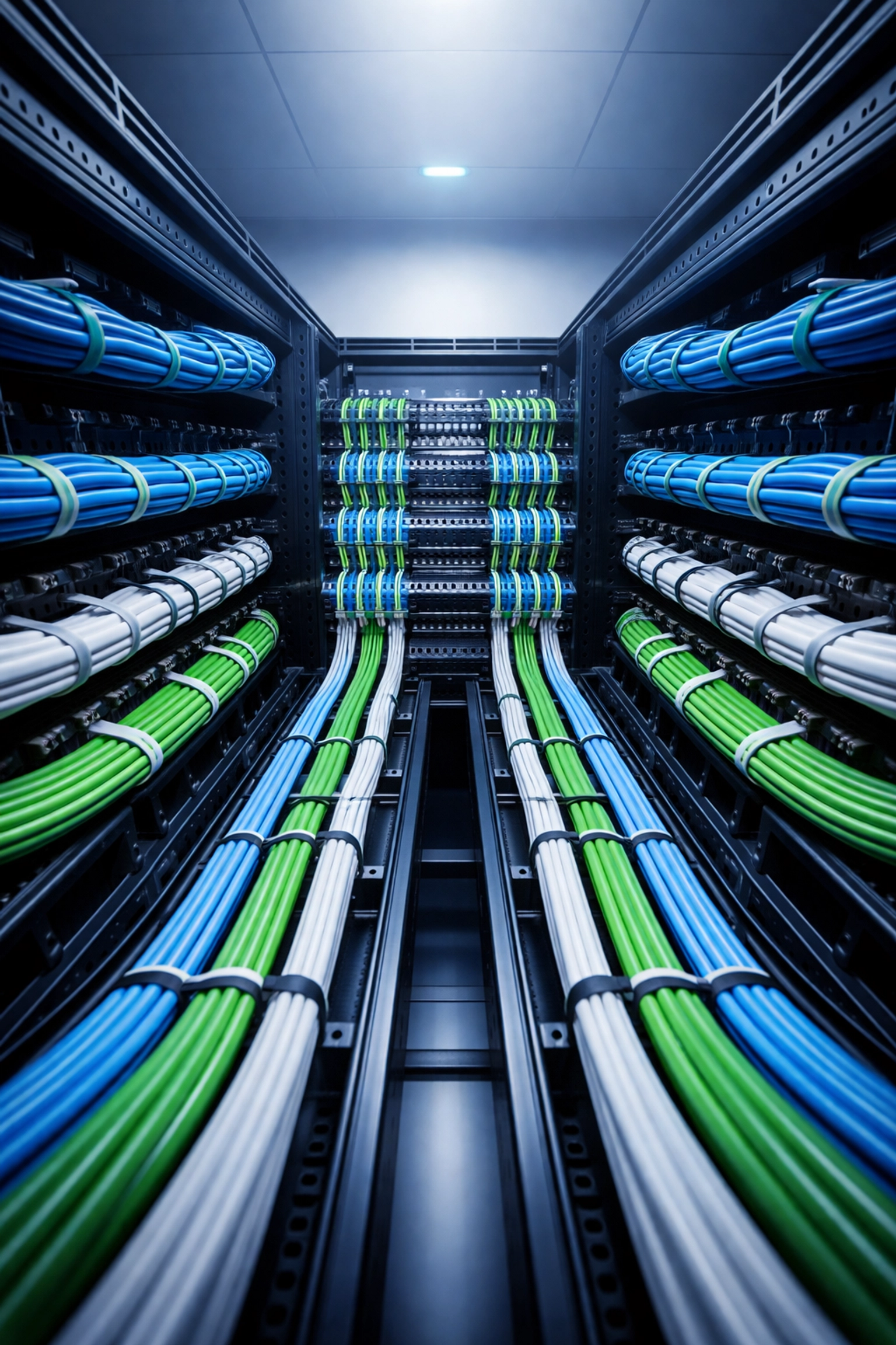 Organized structured cabling in a data center showcasing efficient, professional cabling infrastructure