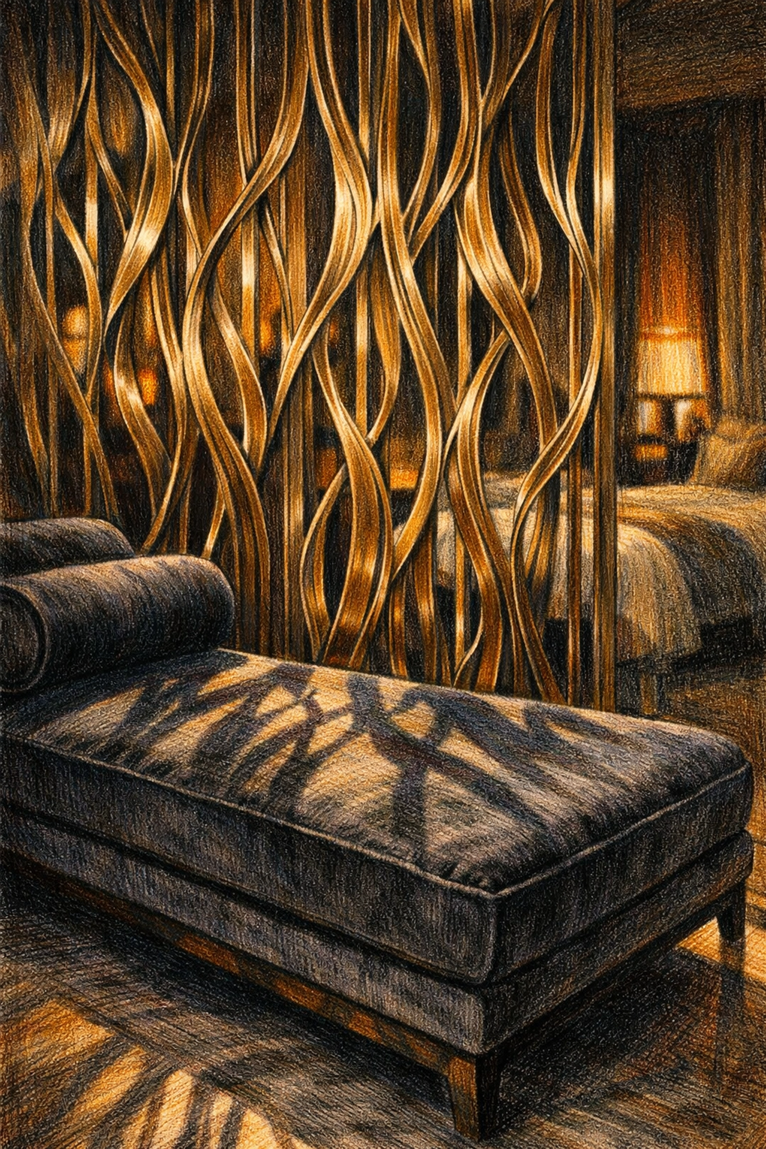 Bespoke bronze privacy screen and velvet furniture in a luxury hospitality design suite.