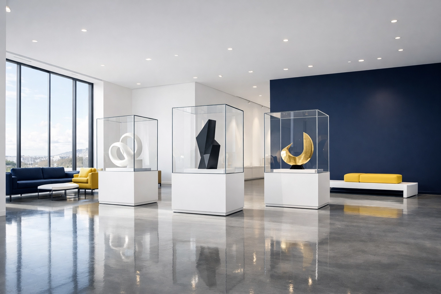 Spotless art gallery in Gloucester with professional cleaning of polished floors and glass displays.