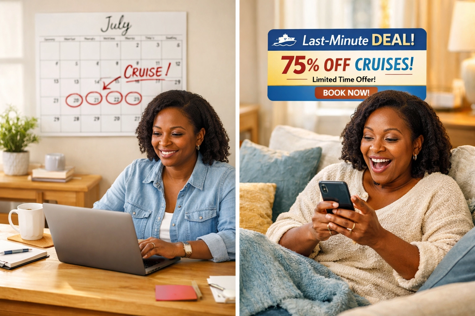 Woman planning cruise vacation early versus booking last-minute deals on phone