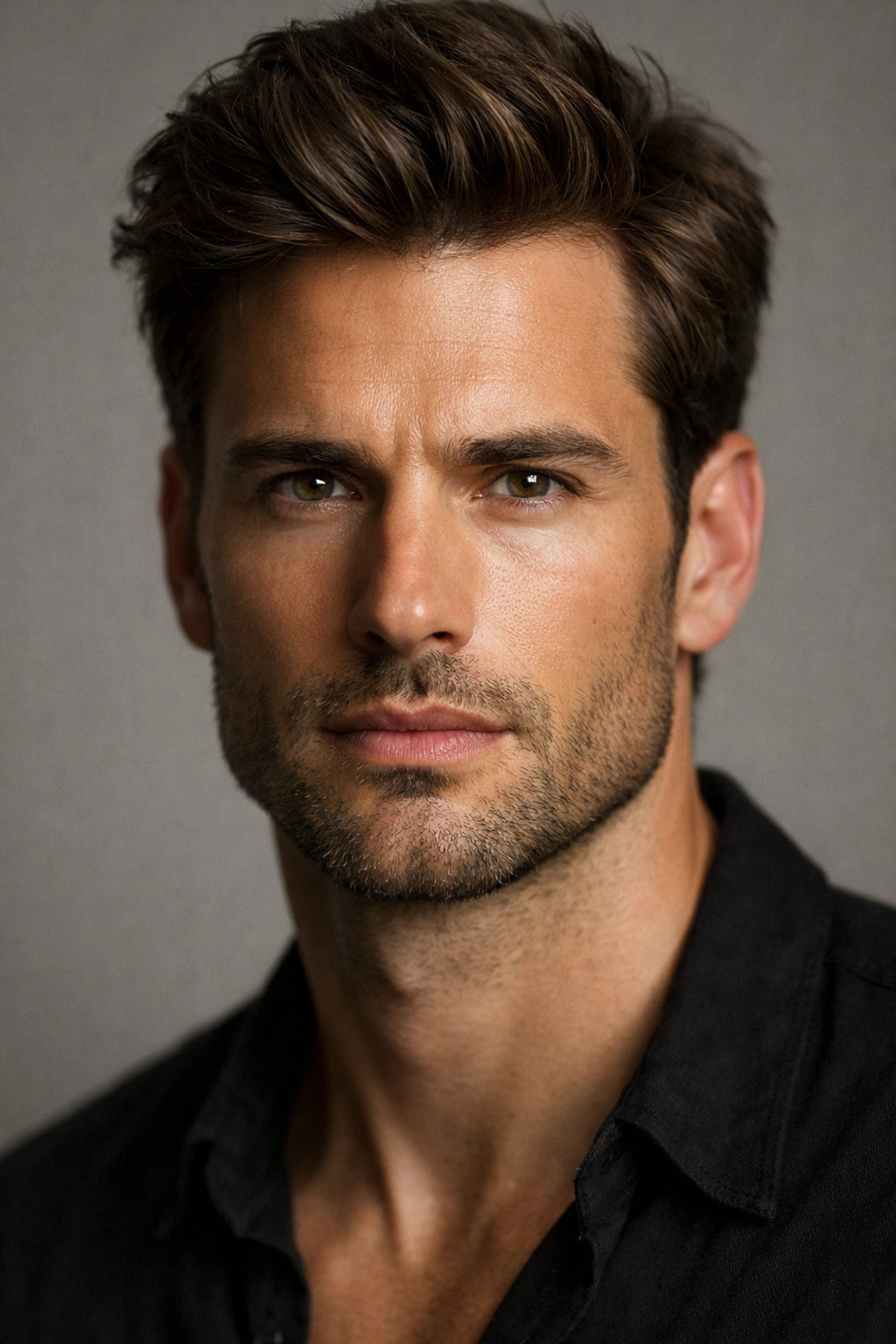 Male model portrait showing the ideal 2:1 ratio for balanced portrait lighting and natural skin texture.